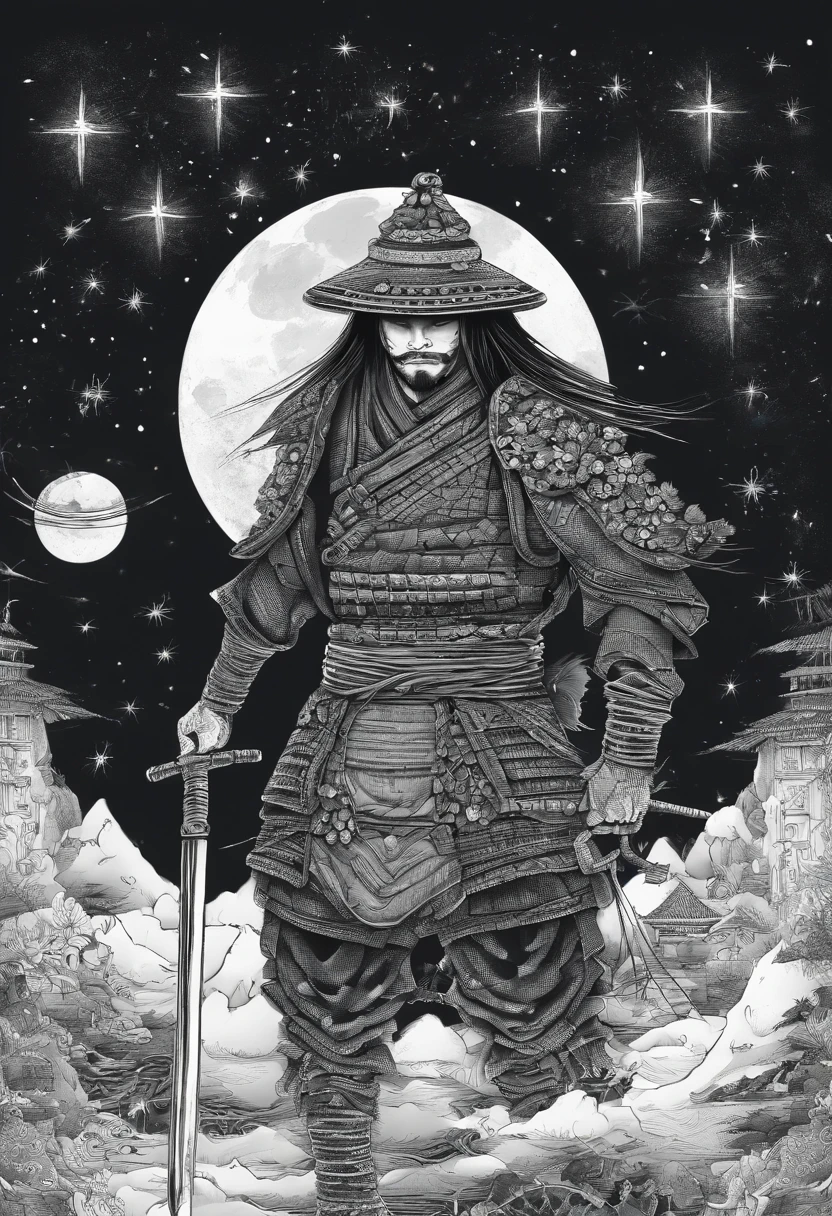 The samurai holds a katana, Starry skies and mist shroud the landscape.