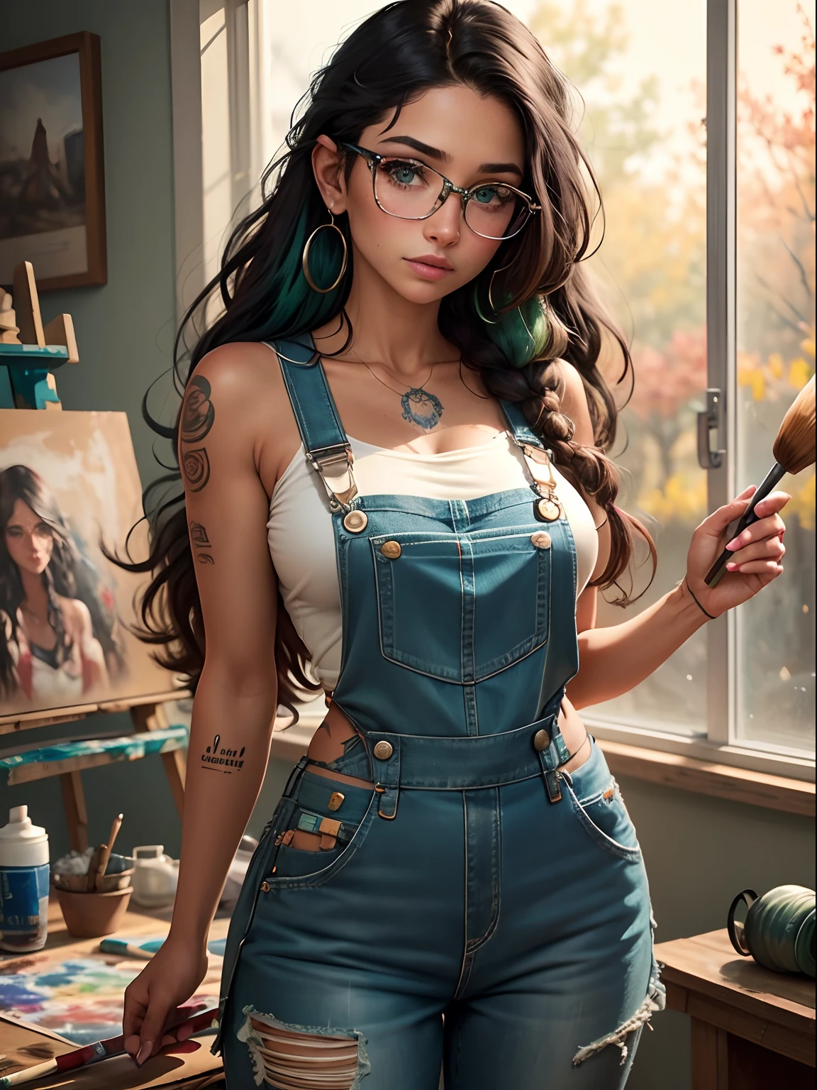 Gorgeous artsy woman in overalls beautiful long flowing thick natural hair, holding paint brushes properly and an a palette for painting, jewelry, tattoos, indie punk aesthetic, beautiful athletic body, hips, lovely lively expressive eyes, painting in an art studio in autumn, lovely colorful lighting, Cheery atmosphere, flirty, freckles, gorgeous Indian face, very tan skin, incredible detail to texture, in love, green eyes, lots of color, photorealistic, masterpiece, absolute babe,
Colorful outfit, patterns, glasses