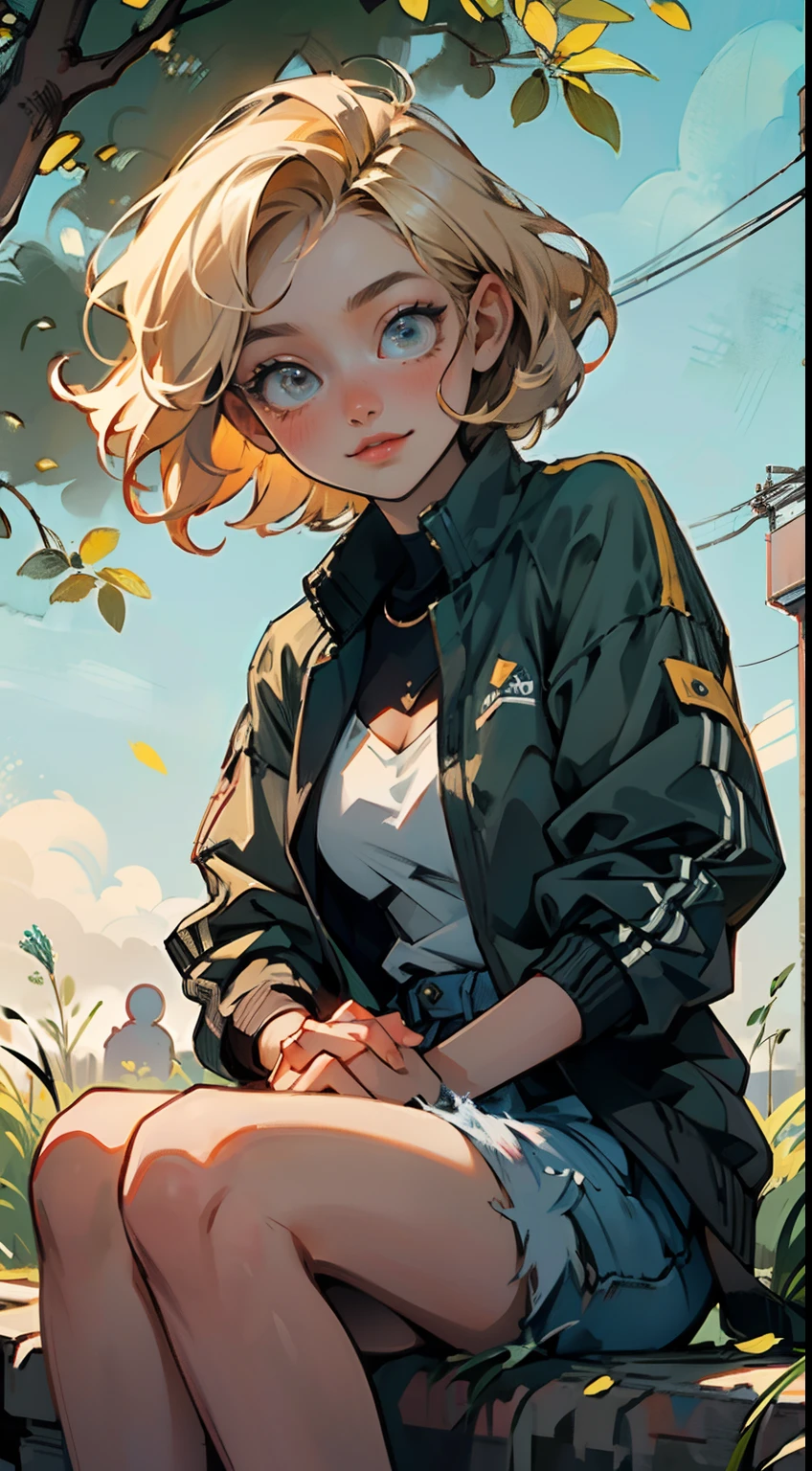 4K, high resolution, Best quality, Masterpiece, perfect, really warm colors, perfectly shaded, Perfect lighting, posted on e621, ((greg capullo style)), masterpiece, digital paint, (close up, Cute girl, 20 years old, blond short hair, cute eyes, happy), sitting in the grass in a hide park in London. 1990s \(style\),