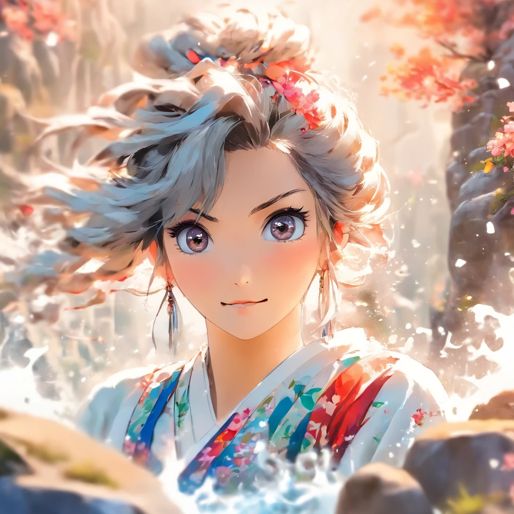 stechu,(white background:1.4), ((tachi-e)), original,(illustration:1.1),(best quality),(masterpiece:1.1),(extremely detailed CG unity 8k wallpaper:1.1), (colorful:0.9),(panorama shot:1.4),(solo:1.2), (ink splashing),(color splashing),((watercolor)), clear sharp focus,{ 1girl standing },((korean style )),flower background,outdoors,rocks, looking at viewer, make happy expressions,soft smile,pure,beautyfull detailed face and eyes,beautyfull intricacy clothing decorative pattern details, black hair,black eyes,colorwater