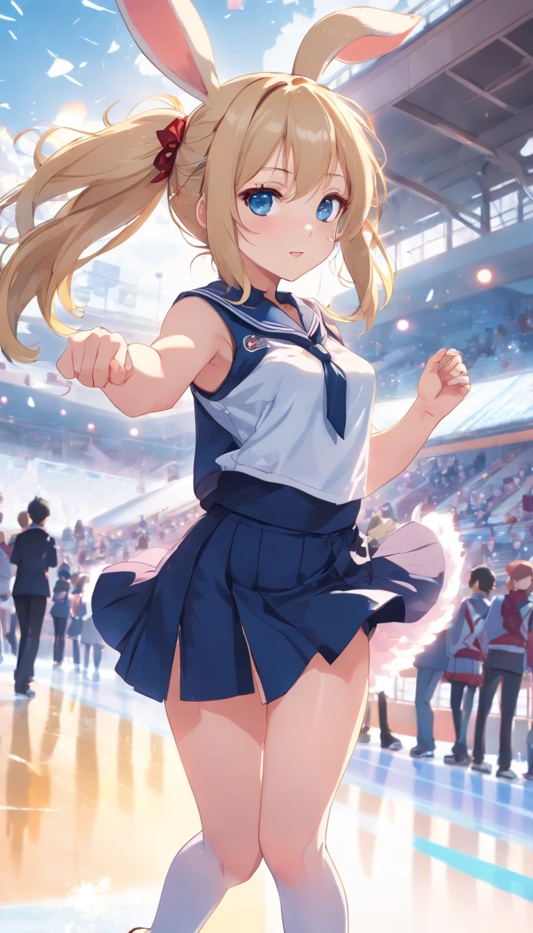 hight resolution, top-quality, illustratio, ultra-detailliert, (详细的脸), (detailedeyes),masutepiece、Solo、((Skating Ring))、((Triple Axel))、((jumpping))、Figure skating、、Ice rink、dance、Happy face、((Magic cane))、(Little rabbit at feet)、((Japan schoolgirl))、(Sleeveless)、Glossy school uniform、sexy  pose、no-bra、tits out、shiny long hair、Shameful、ice skating、a blond、long、double ponytails、Black pants、Standing with one leg raised high、Self-filling face、Rabbit ears、Red ribbons、Idol、Twinkle,(Anime, tone mapped:1.2),Light blue eyes, ((In uniform))、Sleeveless、 closes mouth, hoop earrings, Jewelry, Looking at Viewer, Upper body, (symmetric), (exceptional, Best aesthetic, new, newest, Extremely detailed:1.2), genitals show through、
