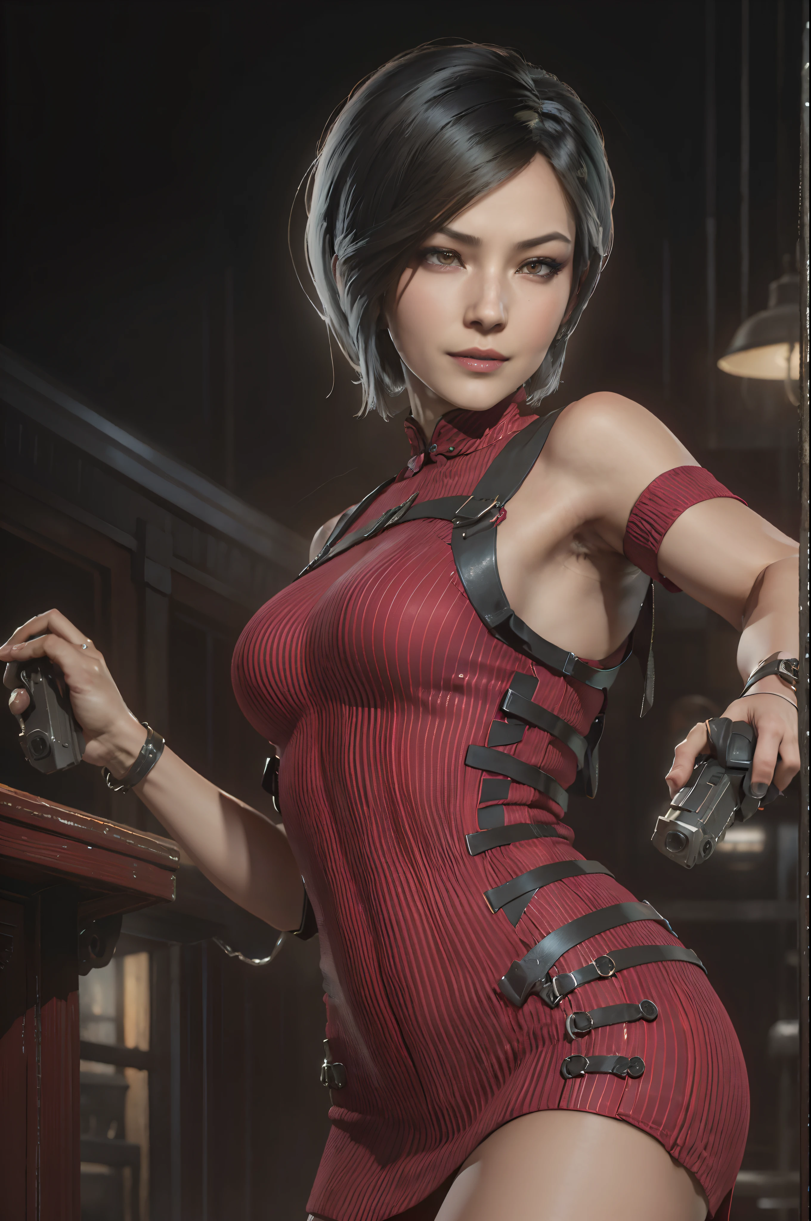 1 rapariga， 独奏， Ada Wong in the Resident Evil 4 remake， short detailed hair, brunette color hair， Red cheongsam， Short-sleeved shirt，， big breasts， upper legs， hindquarters， black heels， Adriana's face， audience looking， sly smile， The pistol was hung around her waist， Best quality at best， A high resolution：1.2， 18th century village in the background， shadowing， nightmare， rays of moonlight， Upper body shooting， Low camera angle、depth of fields、Center focus