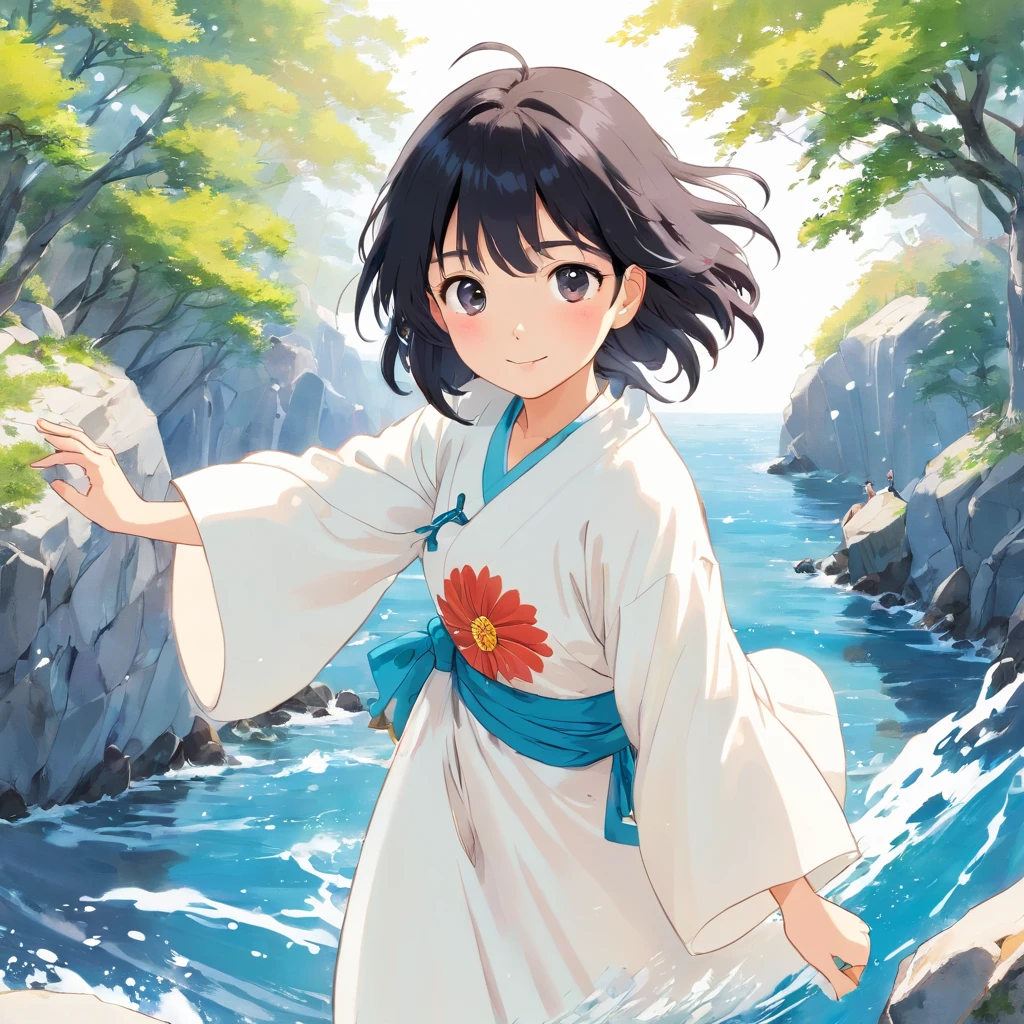 stechu,(white background:1.4), ((tachi-e)), original,(illustration:1.1),(best quality),(masterpiece:1.1),(extremely detailed CG unity 8k wallpaper:1.1), (colorful:0.9),(panorama shot:1.4),(solo:1.2), (ink splashing),(color splashing),((watercolor)), clear sharp focus,{ 1girl standing },((korean style )),flower background,outdoors,rocks, looking at viewer, make happy expressions,soft smile,pure,beautyfull detailed face and eyes,beautyfull intricacy clothing decorative pattern details, black hair,black eyes,colorwater