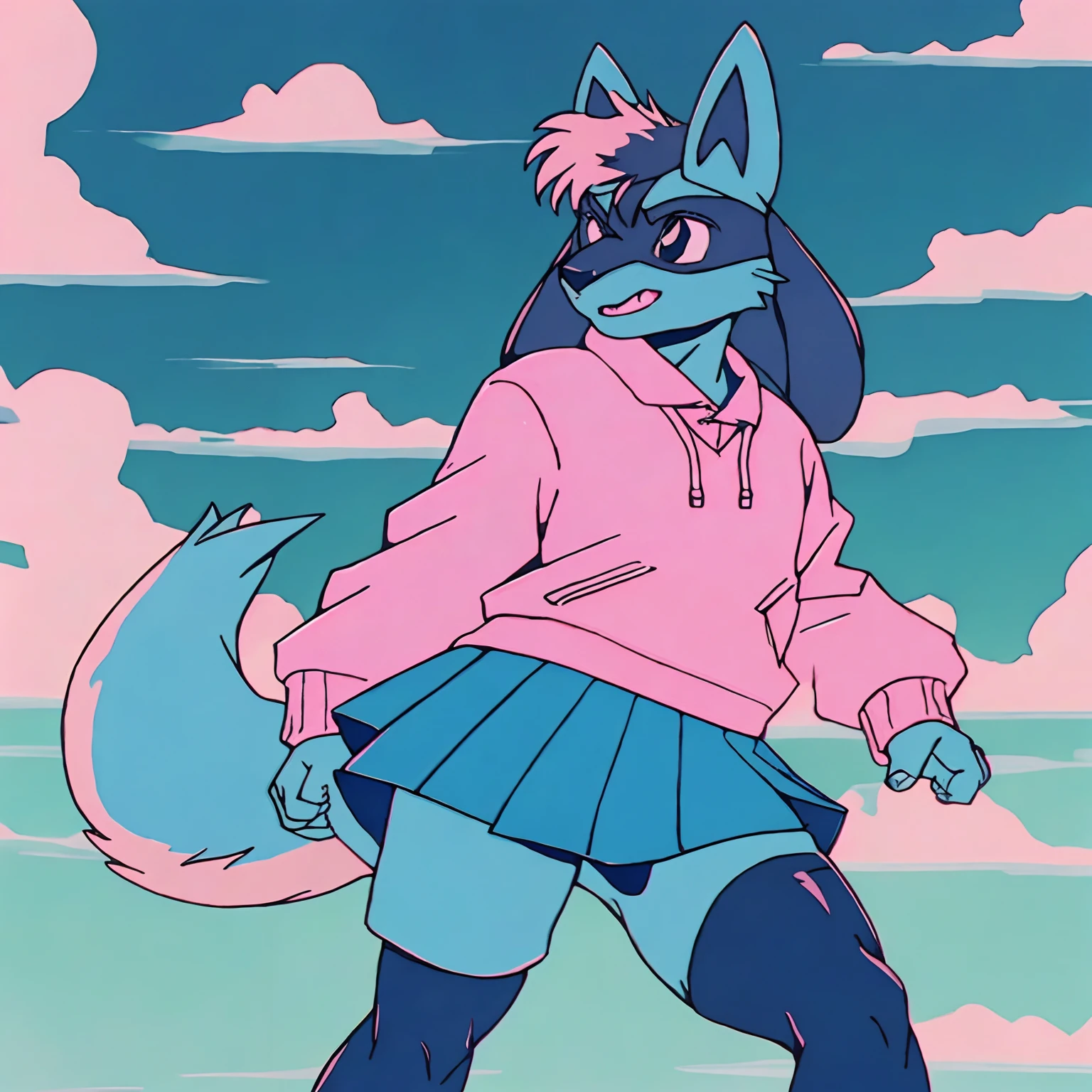 Mute pastel colors， Smooth photos， Retro soul, 1990s animation, 1980s animation, Retro soul， Retro anime style， Masterpiece, Best Quality, Lucario, Dark Sushi 2.5D large sushi 2.5D, furry, solo, Lucario Pokémon, skirt, thigh high socks, cute sweater, Retro Lucario fanart, 1990s anime, retro animation