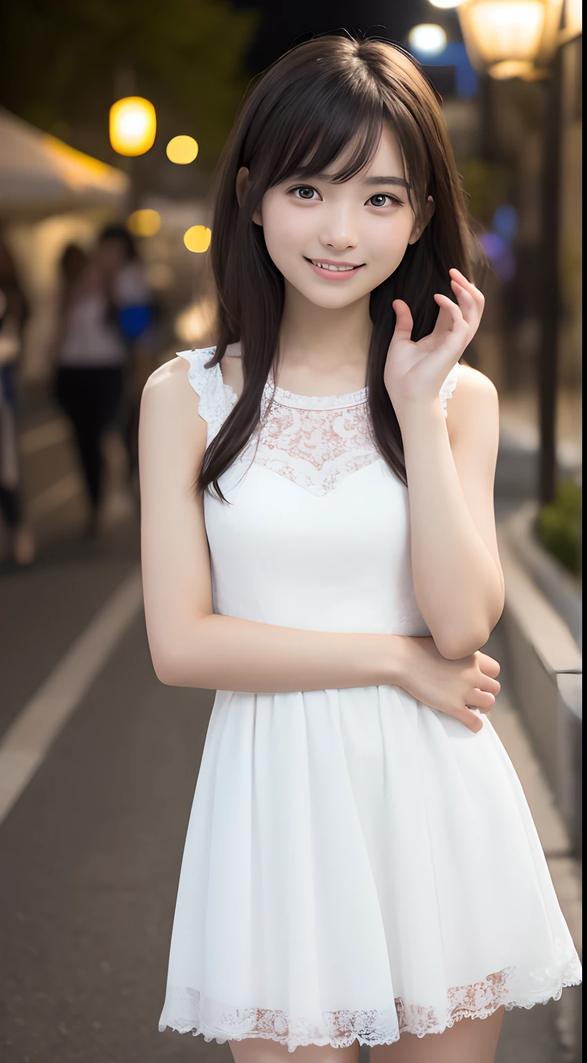 (8k、RAW Photos、Highest quality、Masterpiece: 1.2)Highest quality, masterpiece, ultra high resolution high resolution,Tabletop, Highest quality, One Girl, (beautiful girl:1.3), (:1.2), Very fine grain definition, (Symmetrical eyes:1.3), Browsing Caution, (cute、Neckline open、A mini dress with attention to detail、:1.3), Spread your legs、Beautiful and large breasts, Brown eyes, Parted bangs, Brown Hair, White teeth、Background Outdoor Blur、I can see your pants.Uplifting、Expression of joy