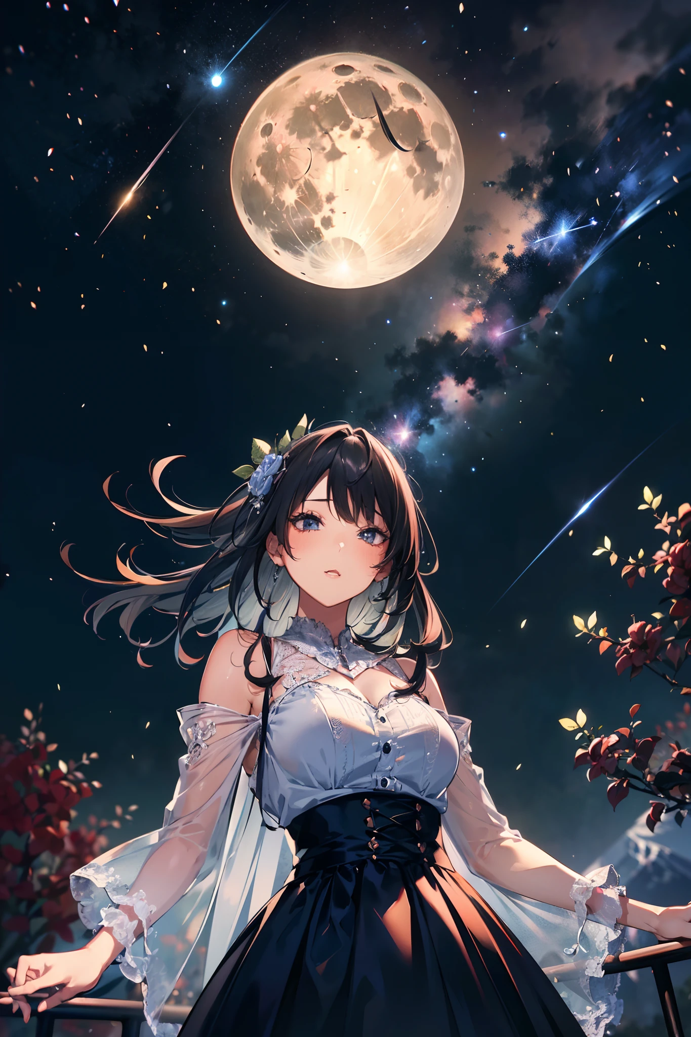 Expansive landscape photograph, (view from below with a view of the sky and wilderness below), girl standing in a flower field looking up, (full moon: 1.2), (shooting star: 0.9), (nebula: 1.3), distant mountain, tree break production art, (warm light source: 1.2), (firefly: 1.2), lamp, purple and orange, intricate detail, volume lighting, realism break (masterpiece: 1.2) (Best Quality), 4K, Ultra-Detailed, (Dynamic Configuration: 1.4), Highly Detailed and Colorful Details, (Iridescent Colors: 1.2), (Glowing Lighting, Atmospheric Lighting), Dreamy, Magical, (Solo: 1.2)