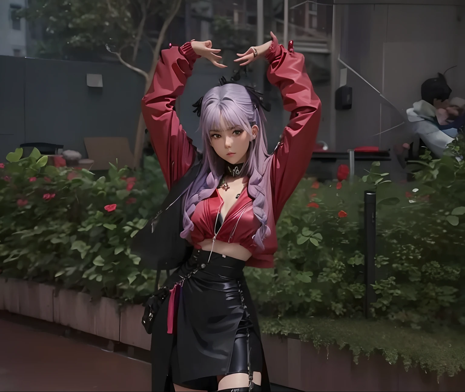1girl, purple white hair, long hair, reaslitic, ultra detail, red jacket