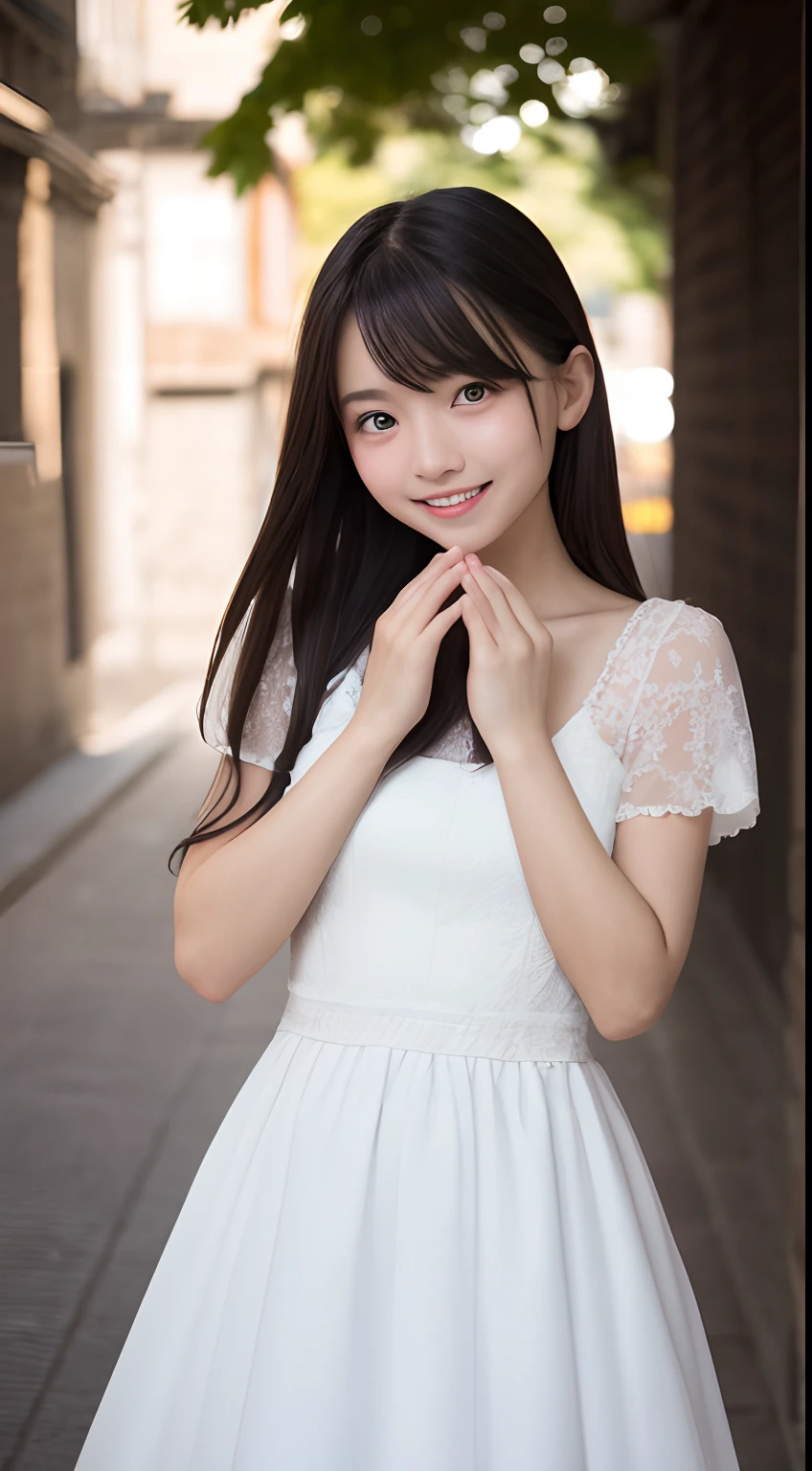 masutepiece, Best Quality, 8K, 15yo student, Teen, Raw photo, absurderes, award winning portrait, Smile, Smile, Solo, Night, neons, Idol face, violaceaess, gardeniass, Delicate girl, full body Esbian, White Dress、Brown eyes、Brown hair、Hands up、Digital SLR, Looking at Viewer, Candid, Sophisticated, zora々Right, Thin arms, Professional Lighting, Film grain, chromatic abberation, (Eyes and faces with detailed:1.0), (Bokeh:1.1)、by lake、Hair swaying in the wind