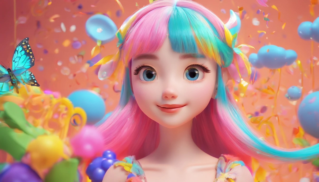 Girl with brightly colored hair, Big sparkling eyes, And a cute smile, Wearing stylish outfits, Stand in dynamic poses; 3D rendered with cel-shading effect, Capturing the essence of anime style; Surrounded by a colorful fantasy world filled with whimsical creatures and magical elements; (Best Quality,hight resolution), ultra-detailed and (Physically-based rendering), In vivid and vivid colors; Surrounded by soft and warm studio lighting, creating a dream-like atmosphere. lifelike face　kawaii