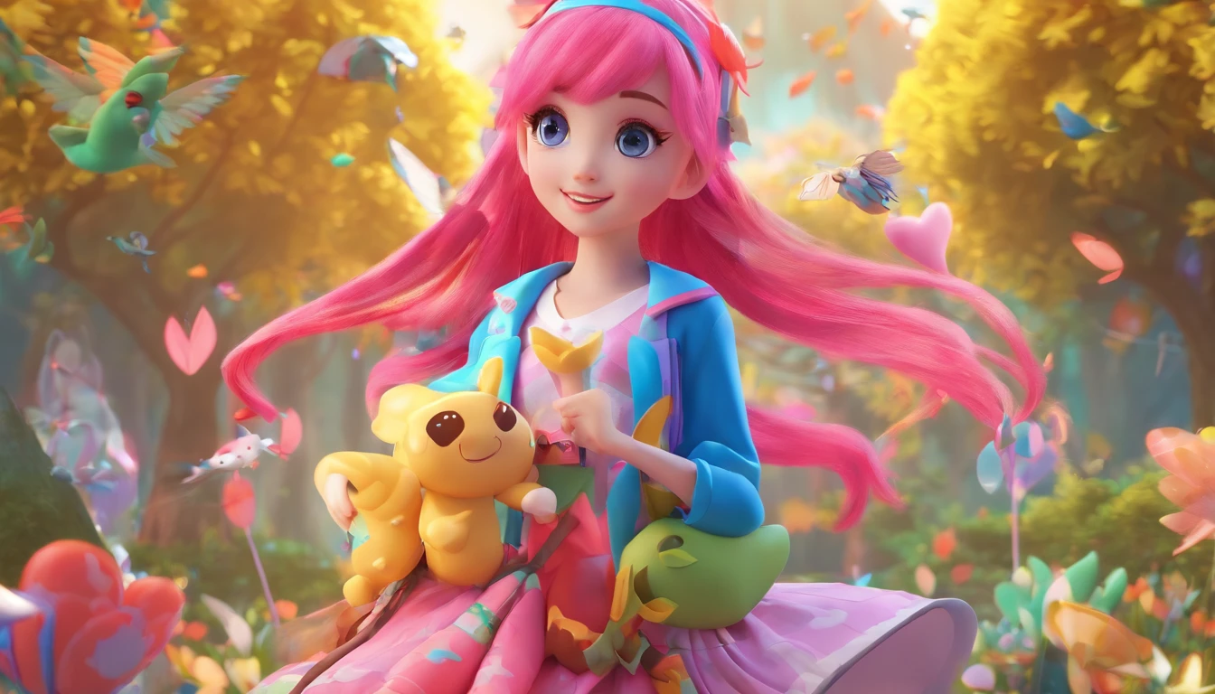 Girl with brightly colored hair, Big sparkling eyes, And a cute smile, Wearing stylish outfits, Stand in dynamic poses; 3D rendered with cel-shading effect, Capturing the essence of anime style; Surrounded by a colorful fantasy world filled with whimsical creatures and magical elements; (Best Quality,hight resolution), ultra-detailed and (Physically-based rendering), In vivid and vivid colors; Surrounded by soft and warm studio lighting, creating a dream-like atmosphere. lifelike face　kawaii