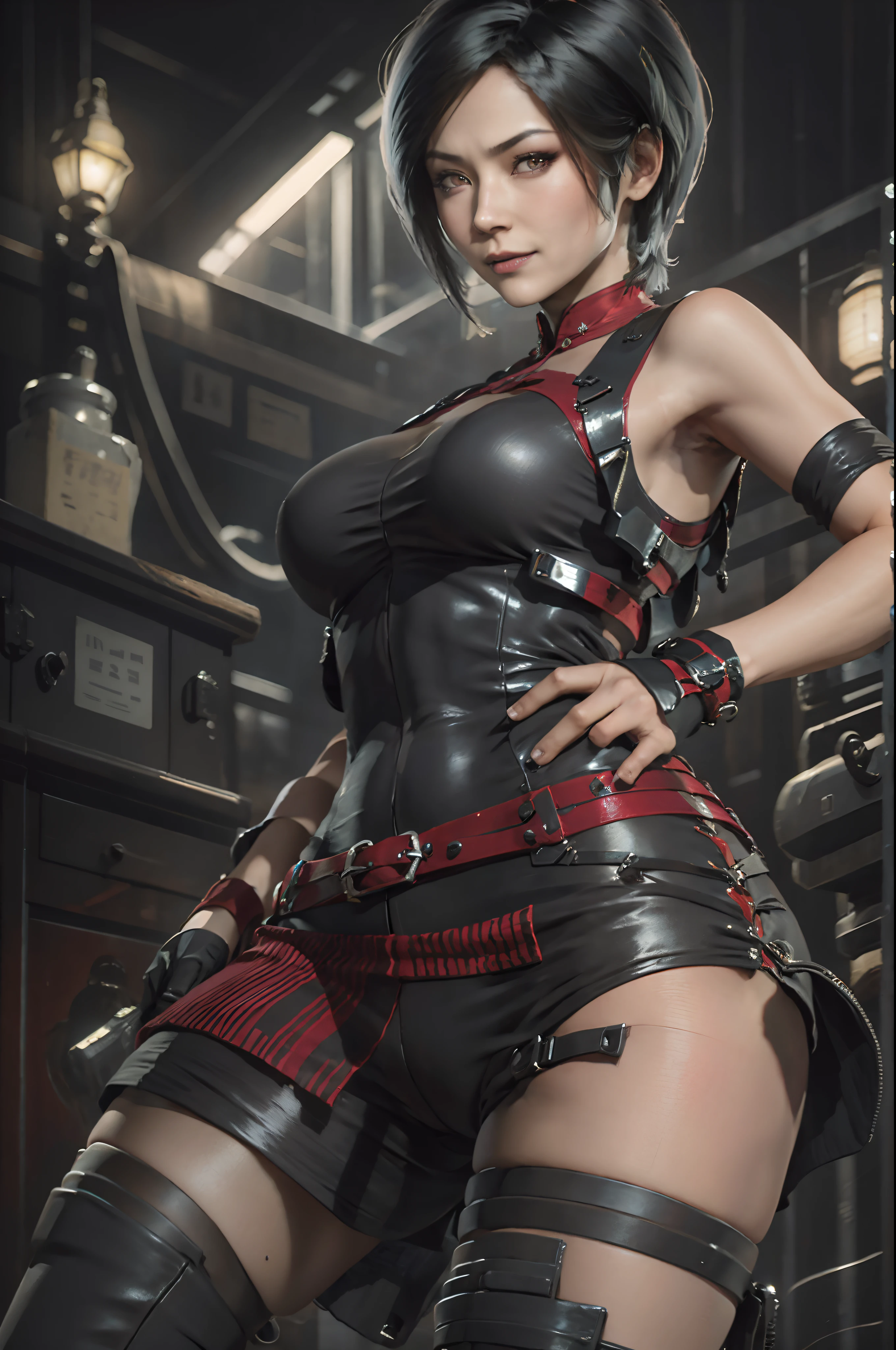 1 rapariga， 独奏， Ada Wong in the Resident Evil 4 remake， short detailed hair, brunette color hair， Red cheongsam， Short-sleeved shirt，， big breasts， upper legs， hindquarters， black heels， Adriana's face， audience looking， sly smile， The pistol was hung around her waist， Best quality at best， A high resolution：1.2， 18th century village in the background， shadowing， nightmare， rays of moonlight， Upper body shooting， Low camera angle、depth of fields、Center focus