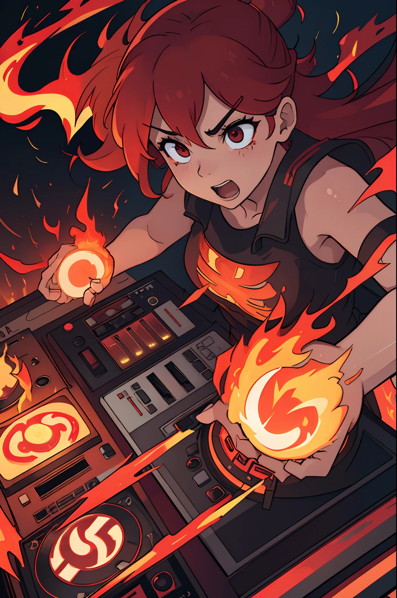 (highres:1.2)female panicking, panic expression,burning dj decks,illustration,emotional,tense atmosphere,fiery background,smoke,surrounding flames, intense lighting,dynamic perspective,vivid colors, 3D rendering,dramatic angle,incandescent glow,energetic poses, motion blur,strewn pieces of burnt vinyl records,dynamic lines,electronic music vibes,chaotic energy,