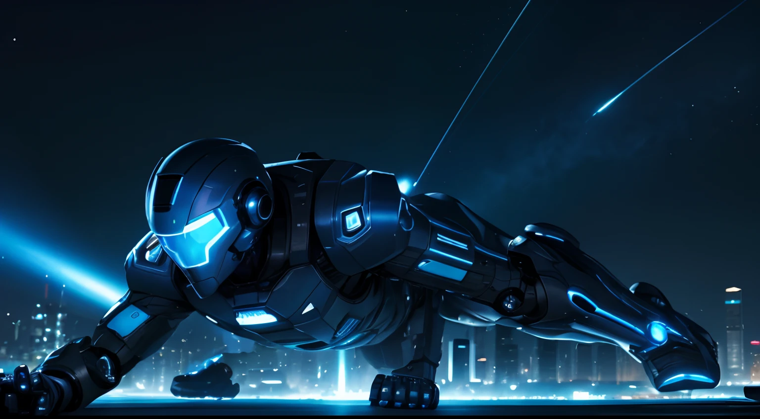 man wearing a robot suit with sophisticated equipment, and blue glows surrounding them, creating the impression of him falling to the ground, night sky with city lights in the background creating dramatic space