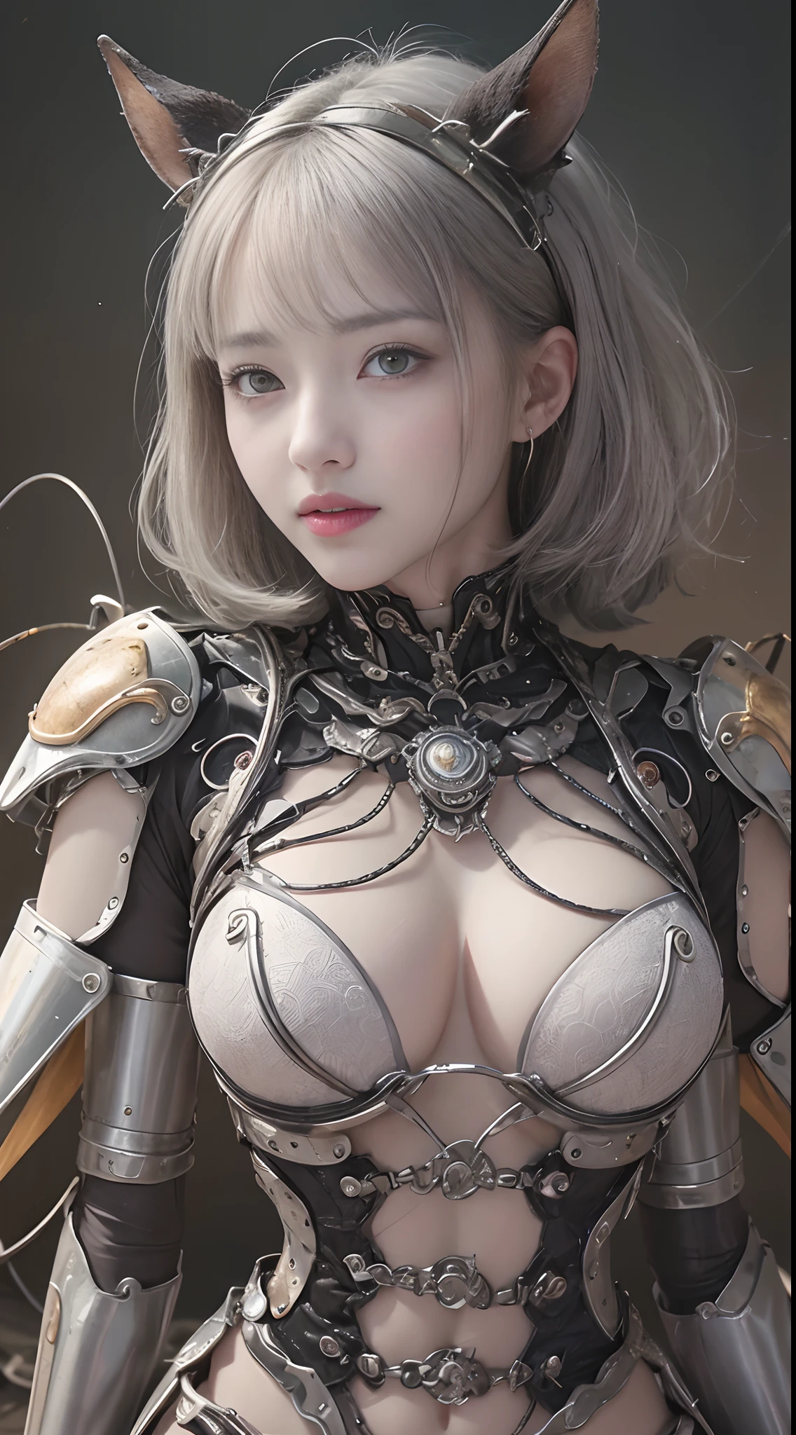 top-quality、masterpiece、超A high resolution、(Photorealsitic:1.4)、full bodyesbian、女の子1人、glowy skin、steampunk suit、((super realistic details))、((depth of fields、Brobby background))、portlate、Global Illumination、Shadow、octan render、in 8K、ultrasharp、Raw skin is exposed in cleavage、metals、gear wheel、Hydraulic cylinder、Details of complex ornaments、Gothloli details、Luminous tube、highly intricate detail、Realistic light、CGSoation Trends、a purple eye、radiant eyes、Facing the camera、neon details、blood vessels connected to tubes、Mechanical vertebrae attached to the back、mechanical cervical attaching to neck、sitting on、Wires and cables connecting to the head、Gray tones、White Bob Cut、Silvery hair、Metal parts are glossy black、Rough and non-reflective suit、rabbitears