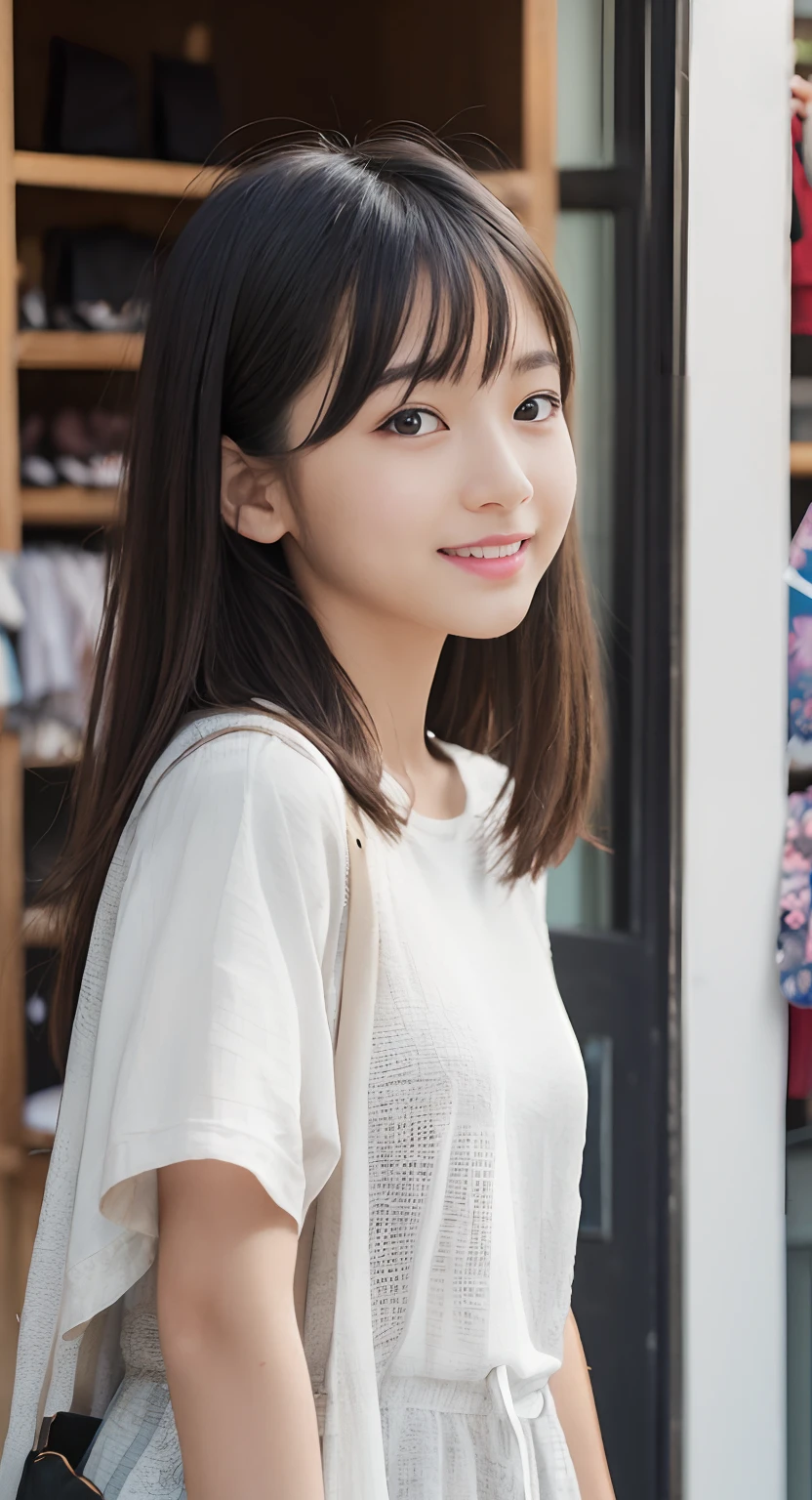 (top-quality、masterpiece:1.2)、Best Quality、realisitic、photoshot、hight resolution、1080p、8K、Textured skin、Physical Rendering、1 Japan Girls、a junior high school student、kawaii、Young Face、Rolled hair、(Apparel Shop:1.5)、Autumn outfit、full of shyness、smil、Big
