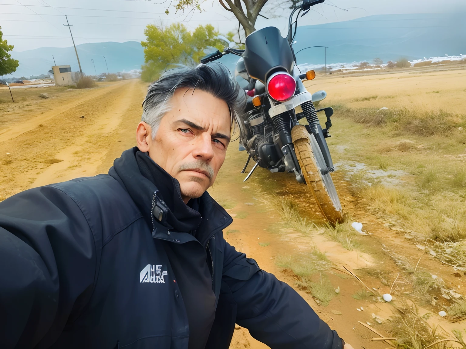 Don’t change background, Realistic photography, closeup of male 55yo dirty, gray hair, focus on eyes, 50 mm f/1.4, hdr masterpiece,dramatic lighting, epic, hair in wind, wearing leather , light snowing, post apocalyptic city, year 2590