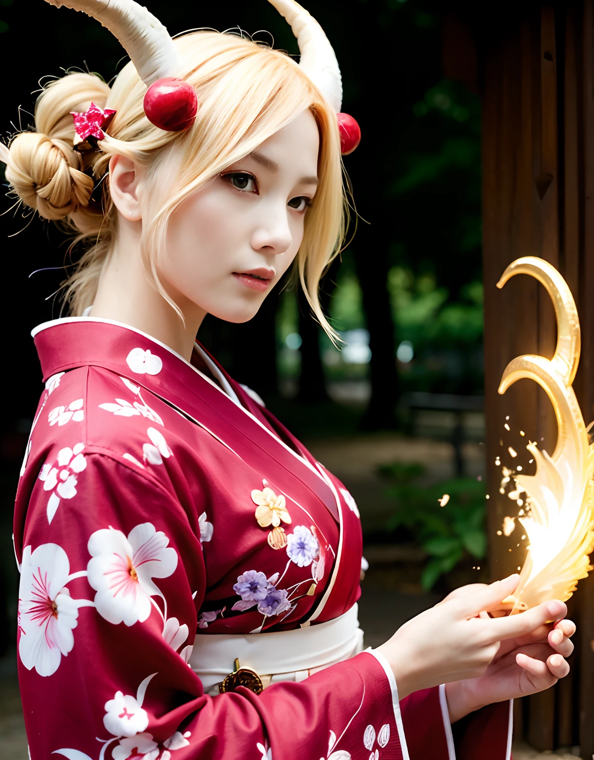 ((White ghost flies)),Professional , masterpiece、top-quality、photos realistic , depth of fields 、(Various poses)、(Background of cherry blossoms in full bloom),(Ultimate Beauty)、(A dark-haired)、shrine background、Precipitous cliffs、(Fight ninjas)、(Kimono with scary pattern)、(Night background)、((Devil's Wings Grow)),(Wear a kimono with a horror pattern),(Wearing a beautiful kimono with colorful scary patterns)、Jewel Gold Weapon、Particles of light),(Has a devil's mask)、Gorgeous gold weapons ,Skeleton population、(( Gorgeous Dragon Sword)) , (a dark night),,(White ghost flies) 、((Black Haired Beautiful Girl))、(Castle background)、(demonic wings)、((Gangle's forest background))、Beautiful Caucasian beauty、1a person、dynamic ungle,(((Two devil's horns on the head)))、Smaller head、Idle Smile、Thin and beautiful female hands、Mystical expression、Light Effects、intense fighting、Wind-effect、magic circles、With the legendary magic wand、Dragon's tail、