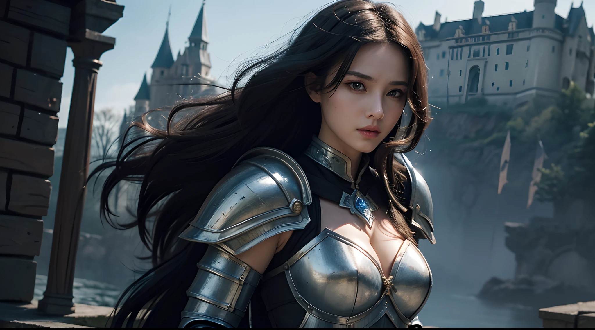 tmasterpiece,top-quality,best qualityer,((photorealisti)),(femele:1.4),(Large breasts),warrioress,Heavy armor,The background is the castle,dramatics,(magia:1.8),(Glowing sword:1.5),Mysterious symbol