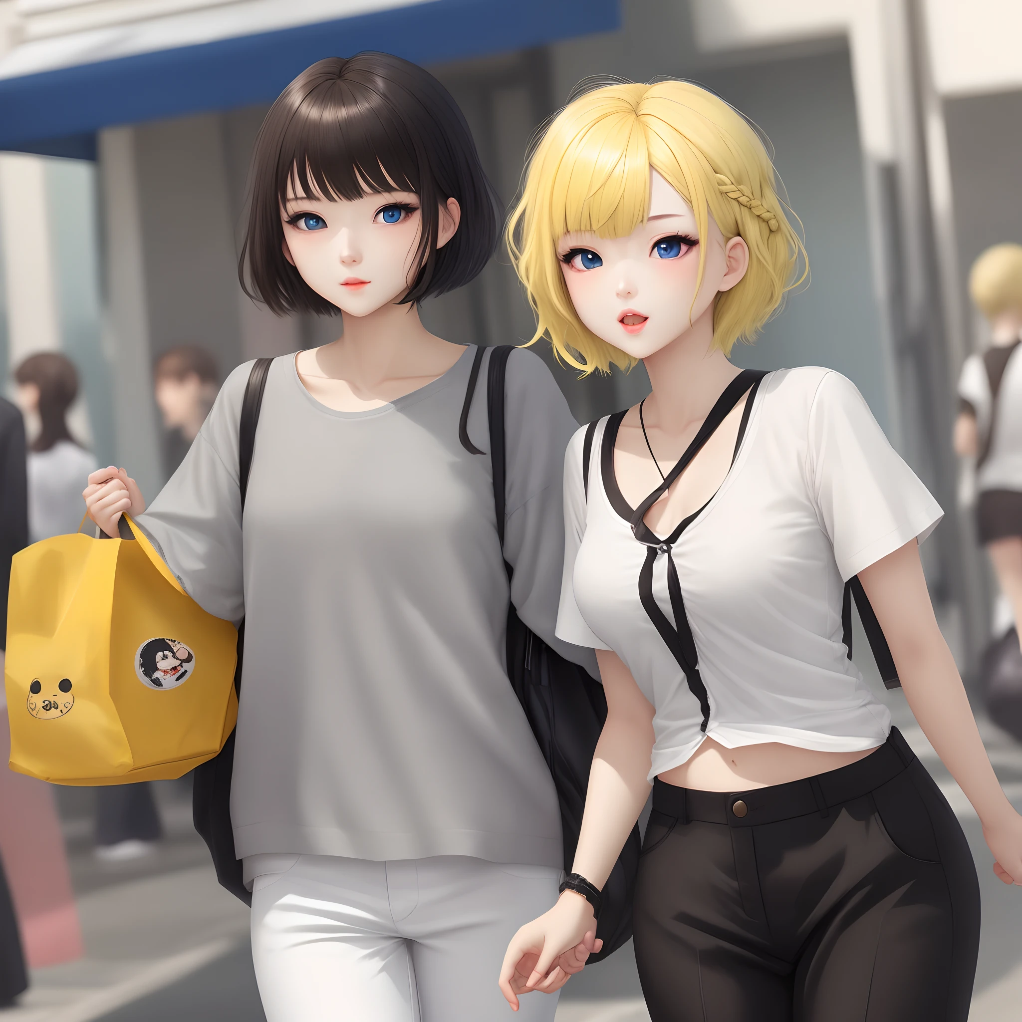 Girl with short yellow hair, bangs braided with elastic band, white shirt, black pants, blue eyes in gacha style