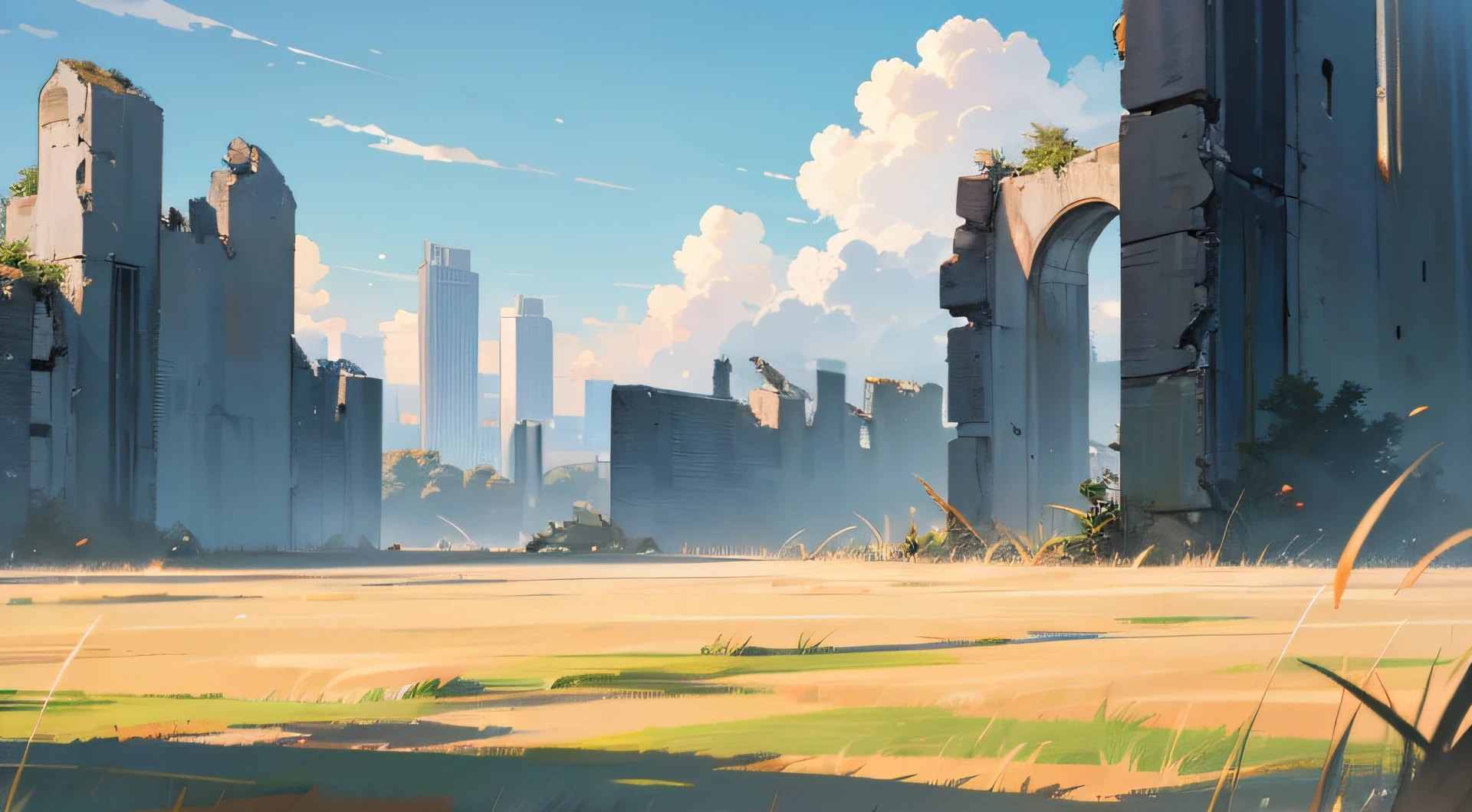 anime lanscape background grass field with ruins in background