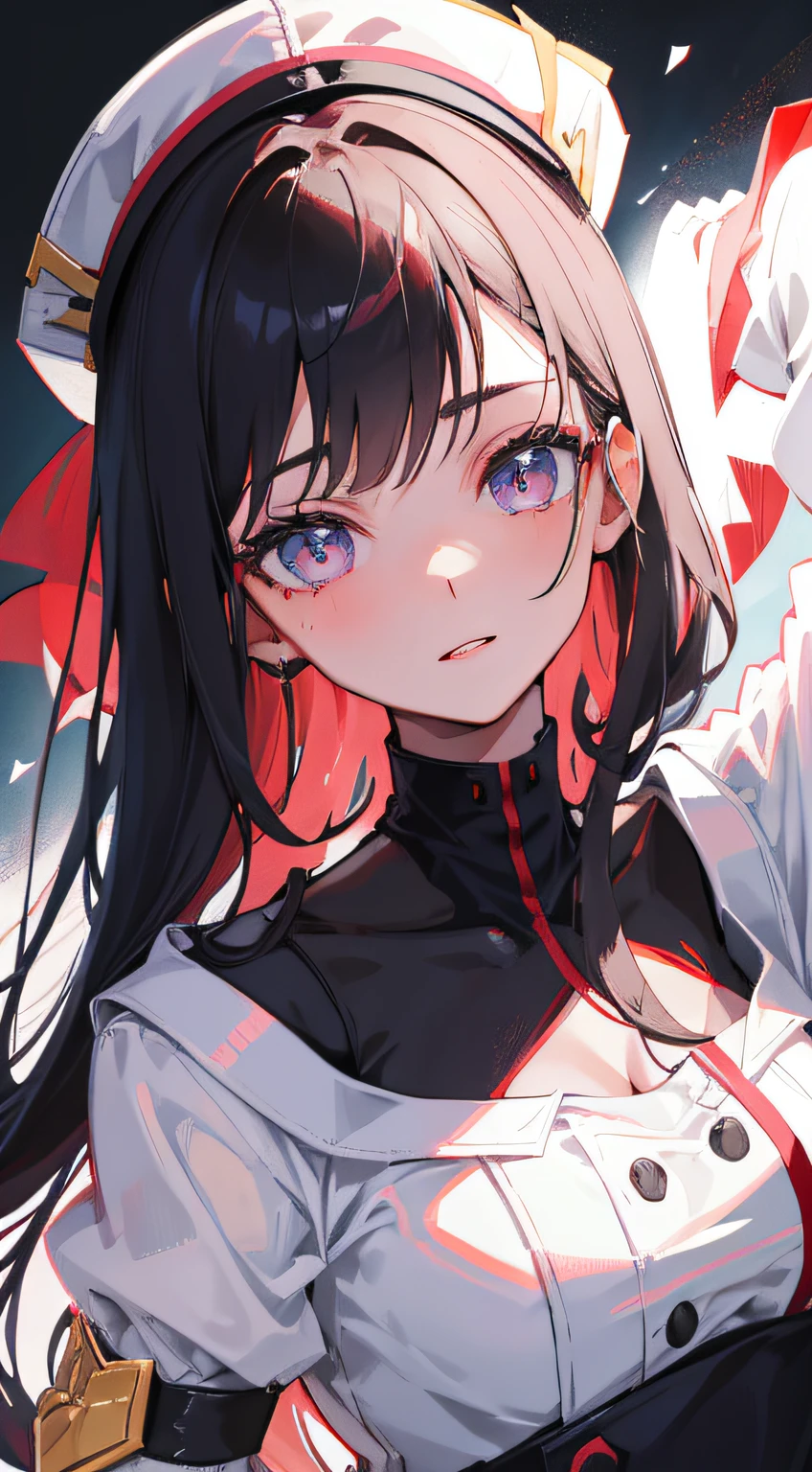 (top-quality),white military uniform、Hats、Delicate facial features,Sexy beautiful anime girl,long, dark hair,rosy lips,Detailed eyes,The face is front、Theme colors are black and red、The upper part of the body