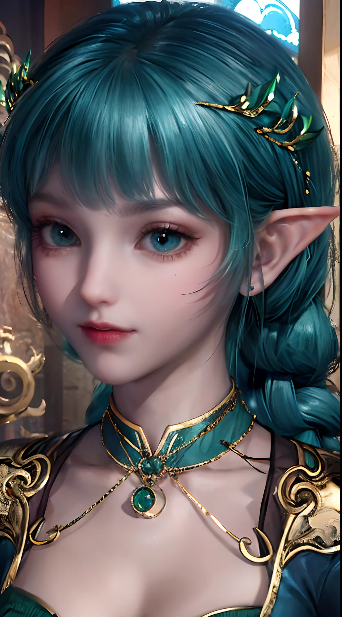 a close up of a woman with green hair and a fairy costume, 8k high quality detailed art,5 d cgi anime fantasy artwork, beautiful and elegant elf queen, portrait of a fairy, portrait knights of zodiac girl,