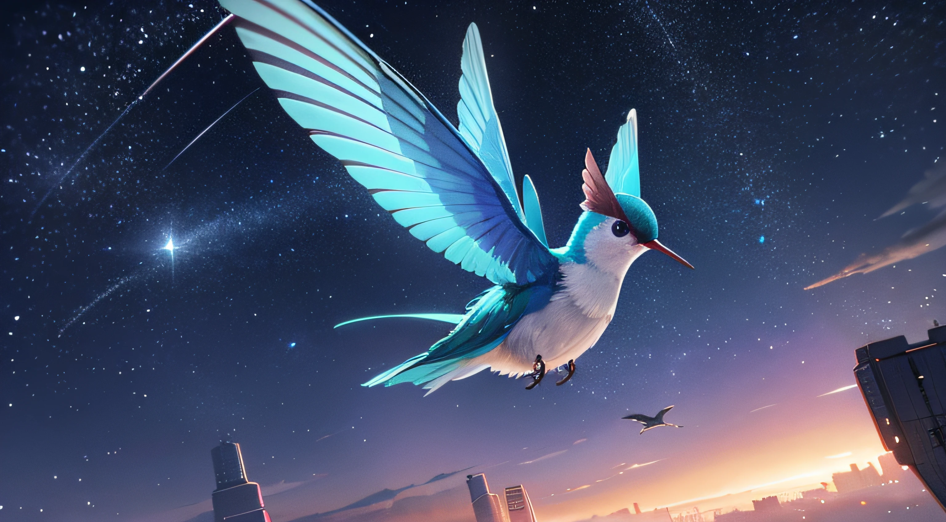 A sci-fi hummingbird flies in the night sky