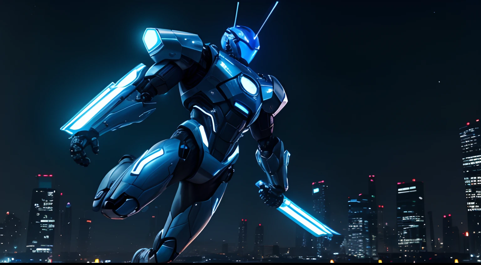 man wearing a robot suit with sophisticated equipment, and blue glows surrounding them, flying up to kick a person, the night sky with city lights in the background creating a dramatic atmosphere