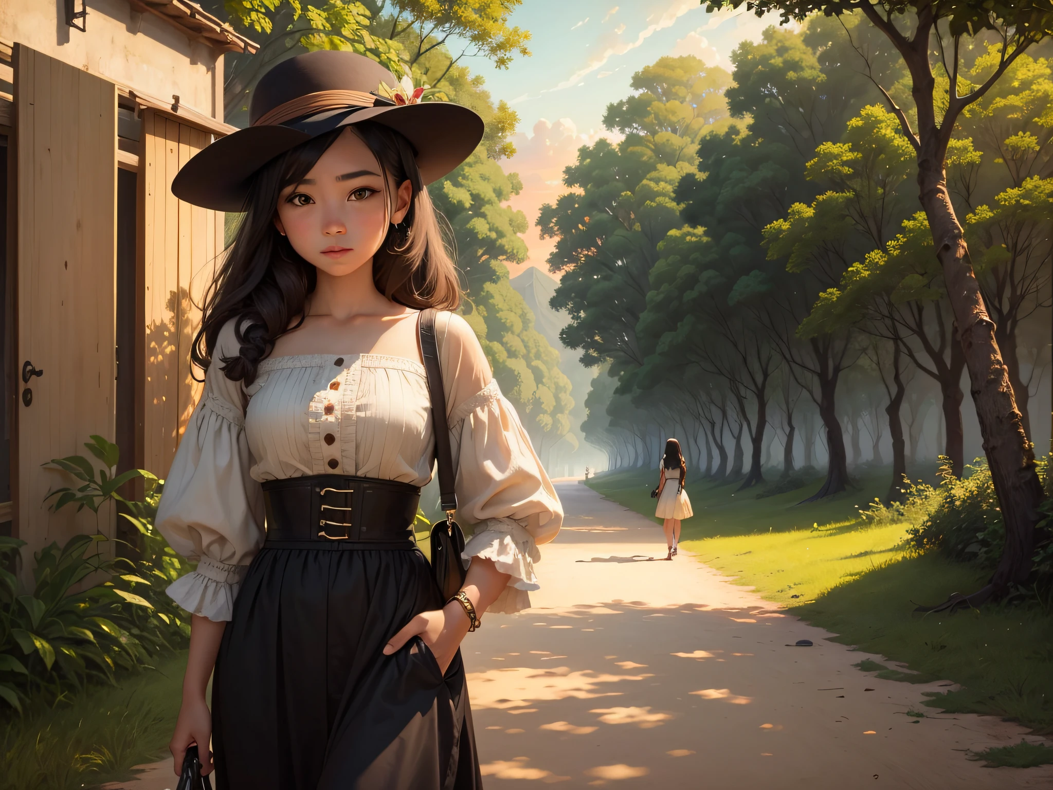 1 girl with a 1 monkey go into the sunset, a path in the park, the sunset sky, green foliage on trees, an oil painting on canvas, an artist's masterpiece, an 18th century painting