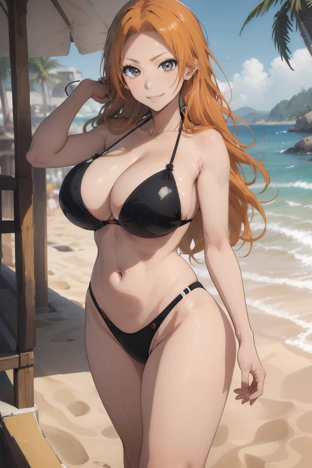 (masterpiece、top-quality、top-quality、Beautifully Aesthetic:1.2)、ighly detailed、highestdetailed、grey eyes、orange color hair|Semi-long blonde hair、cleavage of the breast、((Black Bikini))、(highleg)、Matsumoto Rangiku、graffiti art、Look at the viewer、A smile、sand beach