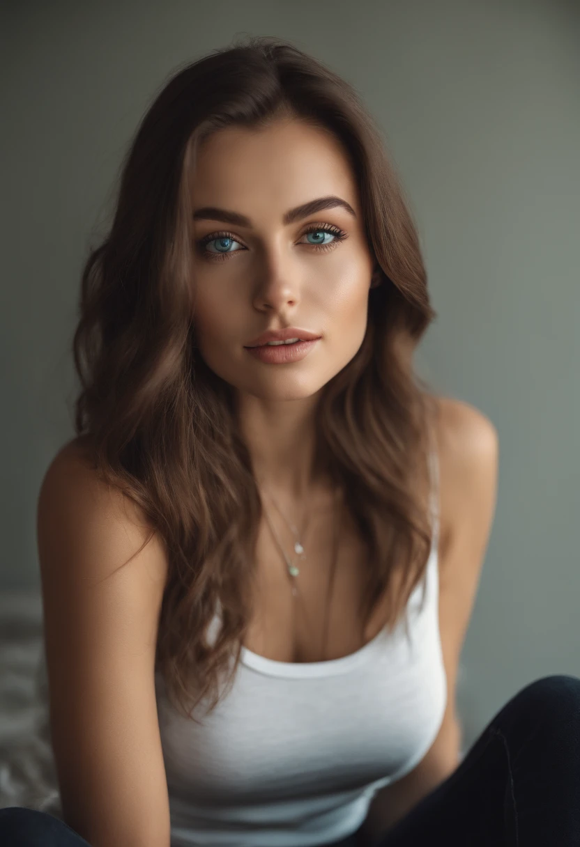 arafed woman with a white tank top and jeans and a necklace, sexy girl with blue eyes, portrait sophie mudd, brown hair and large eyes, selfie of a young woman, bedroom eyes, violet myers, without makeup, natural makeup, looking directly at the camera, face with artgram, subtle makeup, stunning full body shot, piercing green eyes
