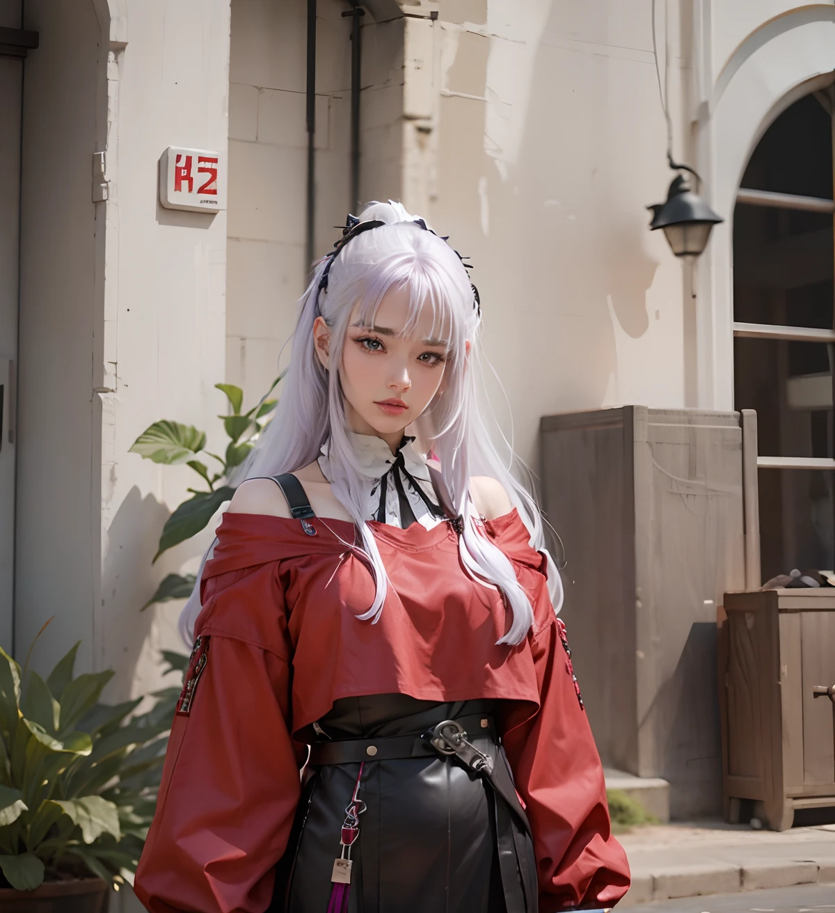 1girl, white purple hair, red jacked, long hair, 77mm, realistic, ultra detail.