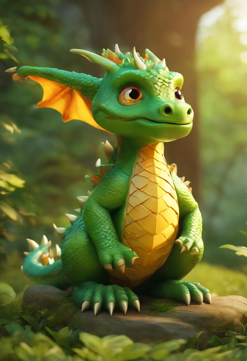 Cute little dragon, A curious look, Medieval fantasy, Illustration for a children's book, woods, bright green scales,, Sun light, realistic shadows, Ultra realistic photo, intricate detials, hight resolution, Photo quality, 8k resolution