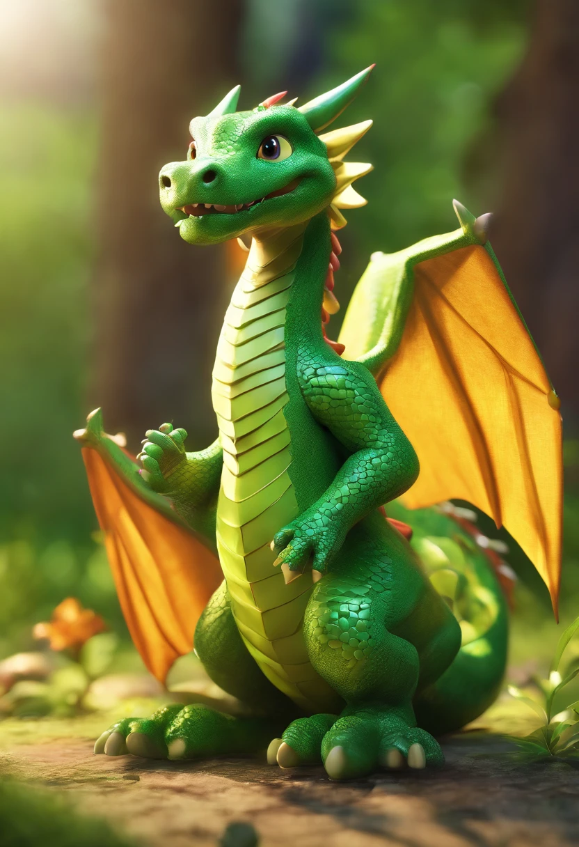 Cute little dragon, A curious look, Medieval fantasy, Illustration for a children's book, woods, bright green scales,, Sun light, realistic shadows, Ultra realistic photo, intricate detials, hight resolution, Photo quality, 8k resolution