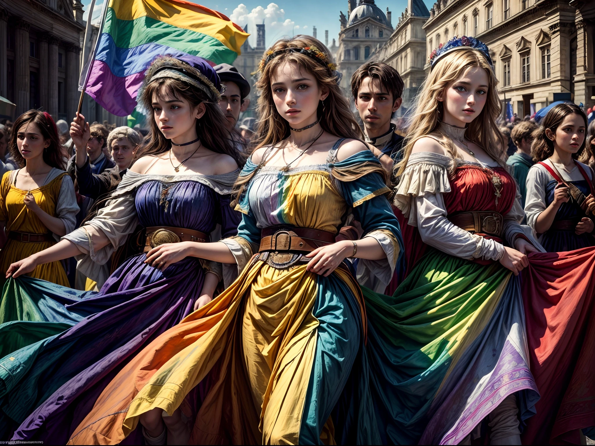 (8K, 16K, award-winning, highest quality, high resolution, super detailed), (Masterpiece: 1.3), (Joan of Arc leading the people with a rainbow flag: 1.6), Eugène Delacroix, Delacroix's masterpiece, The Wind The rainbow flag waving in the sky, the rainbow flag is the seven colors of red, orange, yellow, green, blue, indigo, and violet, famous paintings, oil paintings, parades, July Revolution in France, exhibited at the Louvre, LGBTQ liberation, Detailed face, detailed fingers, anatomically correct