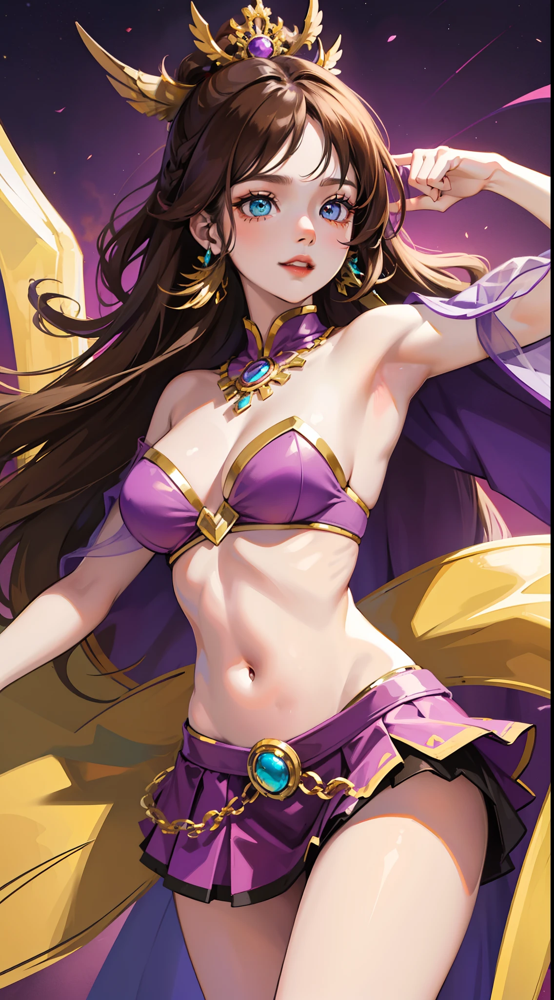 young girl, Long brown hair, Heterochromia, purple and yellow eyes, Smile, purple tight top, Turquoise skirt, open belly, King's Cape, diadem, Gold Elements, She-ra, Masterpiece, hiquality, 4k, HD, Good detail