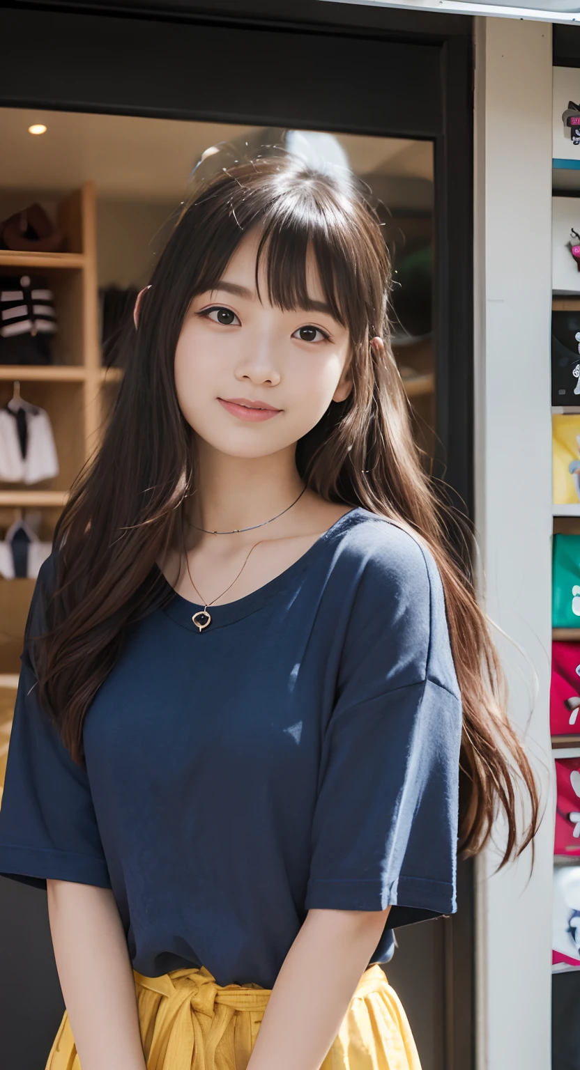 A woman standing in front of a store with a blue shirt - SeaArt AI