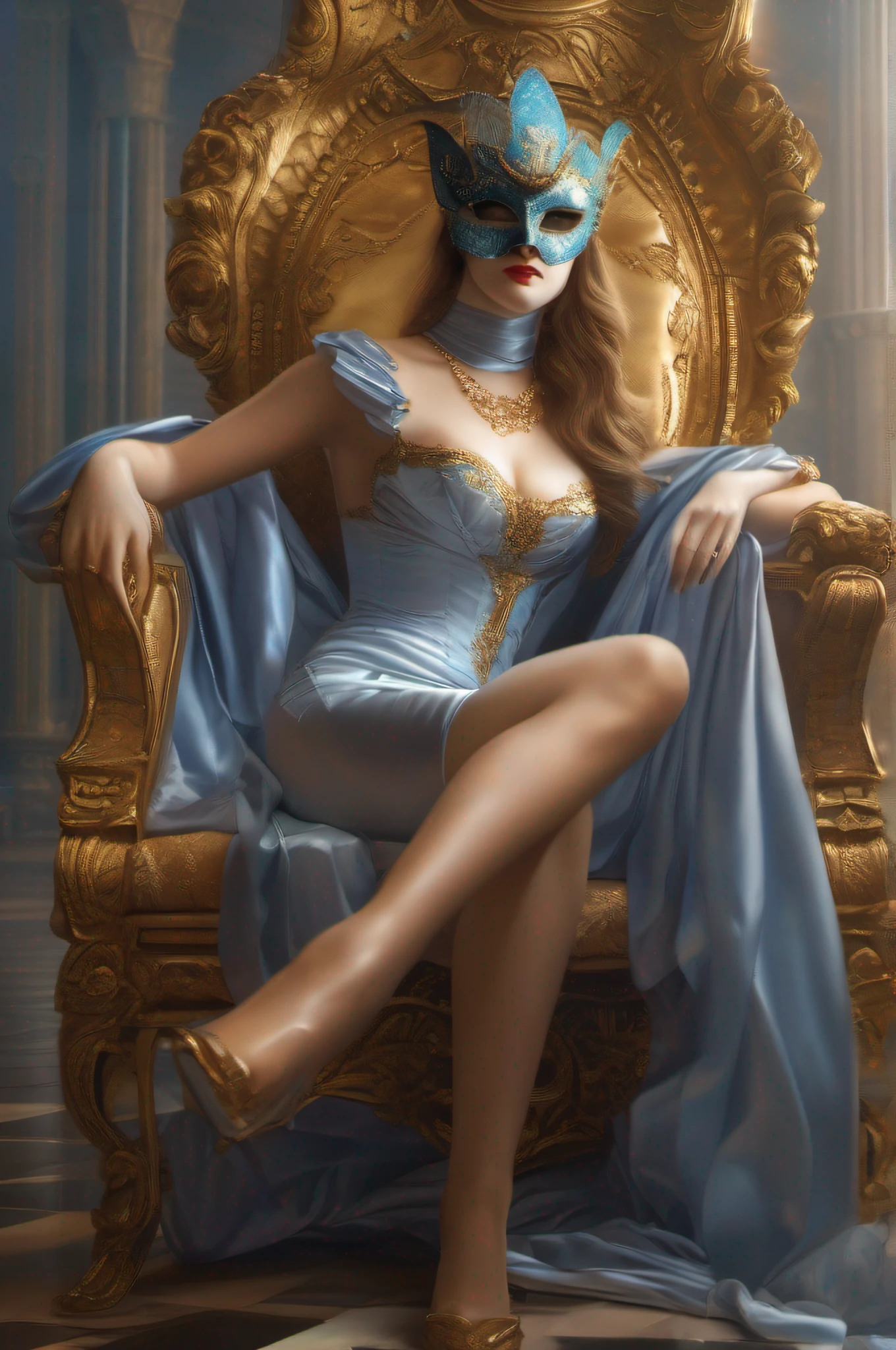 ((photorealistic portrait)) Ethereal beauty, a masked muse perched gracefully on a gilt chair, great cleavage, showing lots of leg,embodies the enigmatic allure of a Venetian masquerade. 8k resolution concept art portrait by Greg Rutkowski,