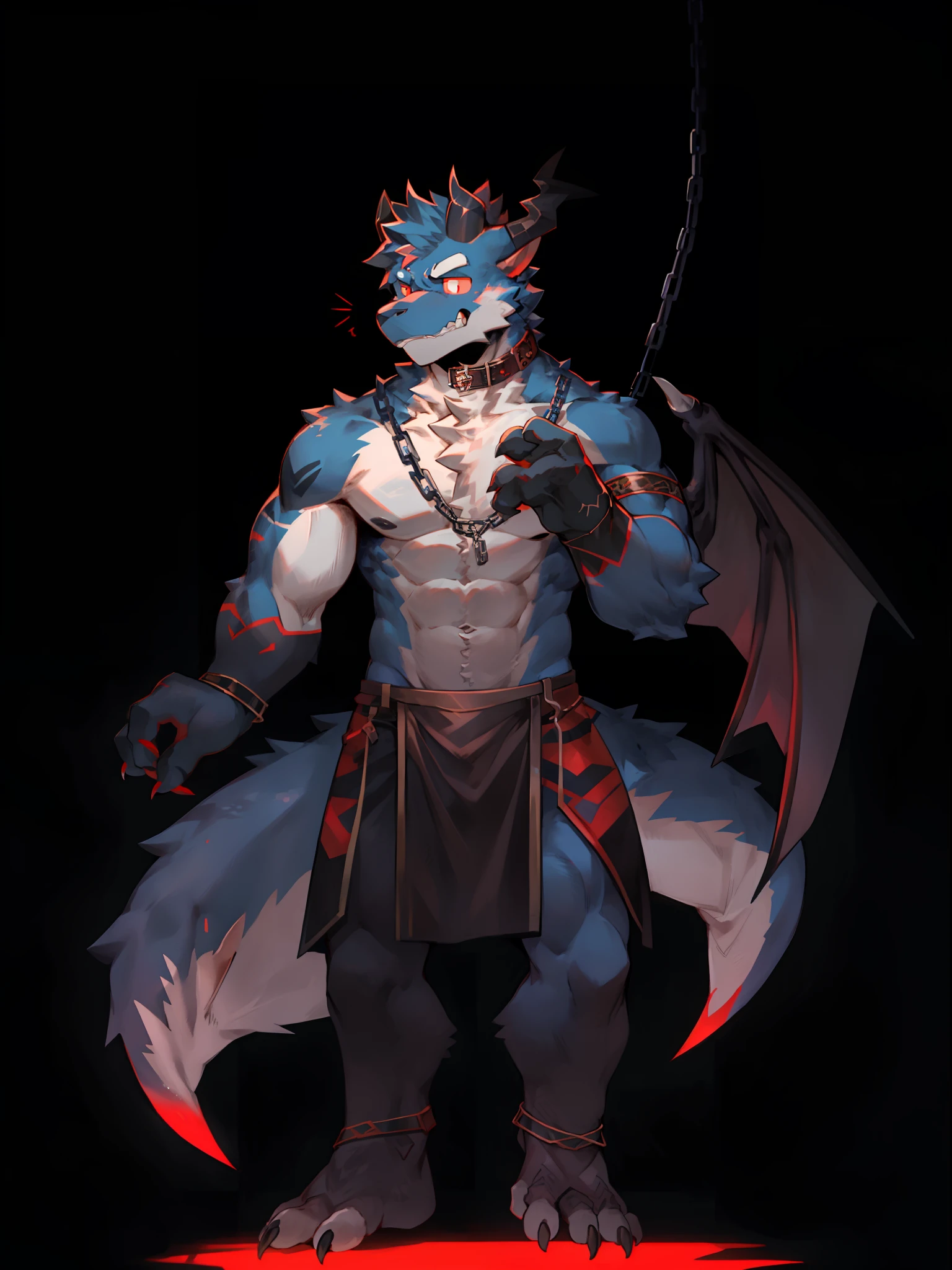 Artificial Intelligence Dragon Man，Upper body portrait，solo person，独奏，Furry orcs，dragon wolf hybrid，Male，Correct male body proportions（Two hands and two feet），Adult，Muscular，Black loincloth。A pair of dragon wings，Black dragon horns，Pure black skin，Demon avatars，Small eyes on the skin，Tentacles that grow on the body，red striped，sharp talons，drools，Black eye sockets，Red eyes，glowing light eyes，Chains，In the dark，There are meat pads，adolable，Sense of oppression，Handsome，Cute meat pad，Collar