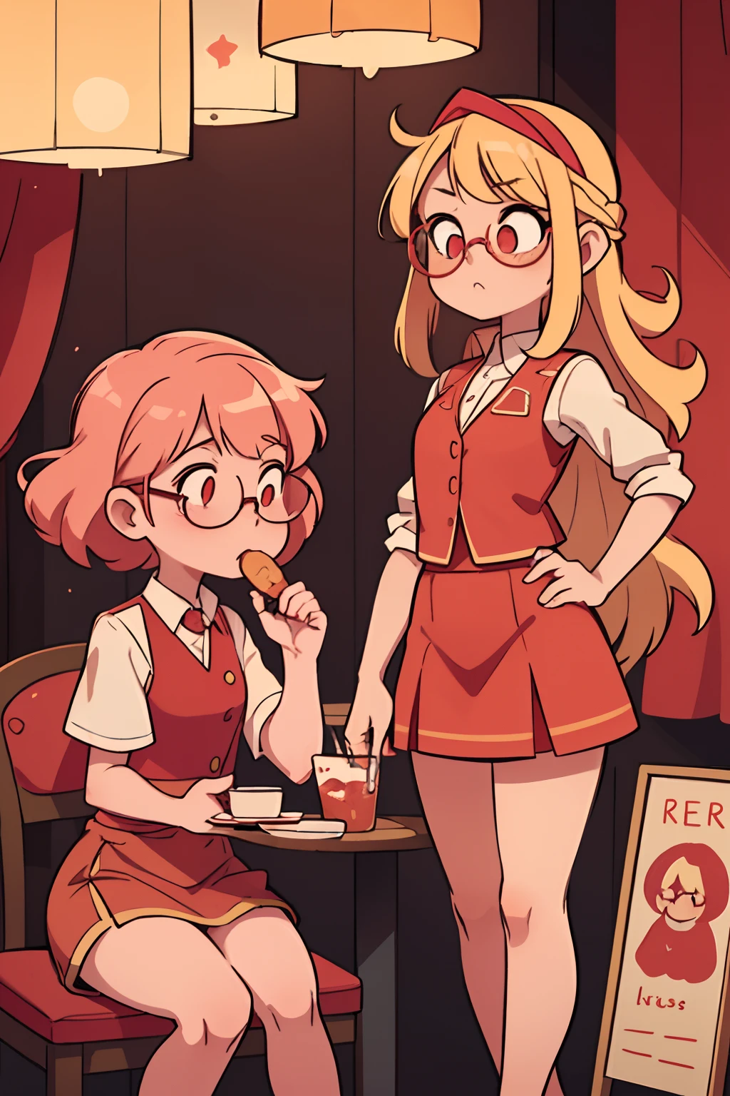 2 girls, One with blonde hair with curly bangs in a red skirt and a red vest with glasses, sitting at the table, Eats, another one with a long, bright pink hair, wearing a red skirt and red vest, eats at the table