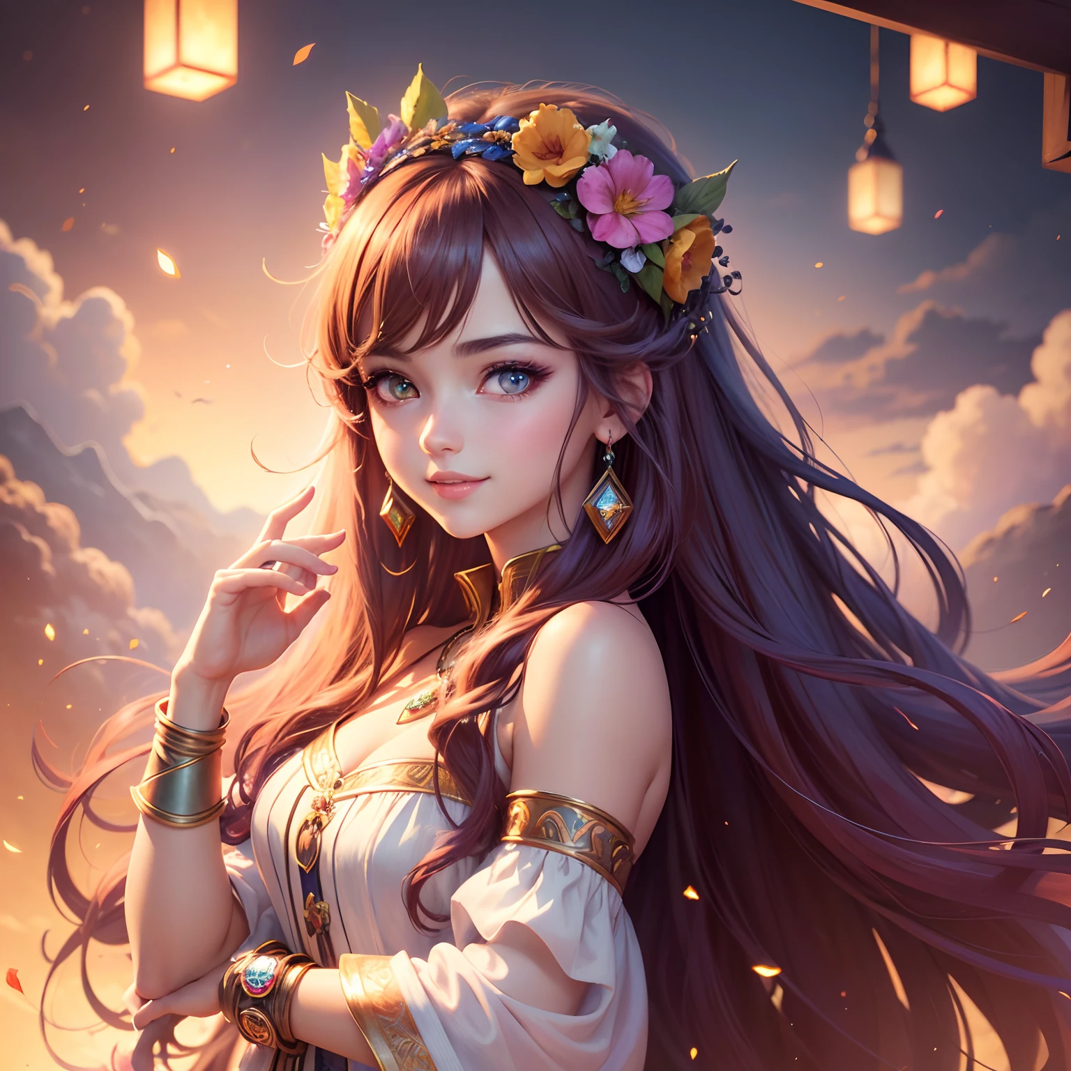 (best quality,4k,highres,masterpiece:1.2),ultra-detailed,anime style,sharp focus,vibrant colors,detailed eyes and lips,fantasy background,lighting effects,beautiful girl with long hair and bright eyes,smiling face,stylish outfit,colourful accessories,flower crown,elegant pose,soft lighting