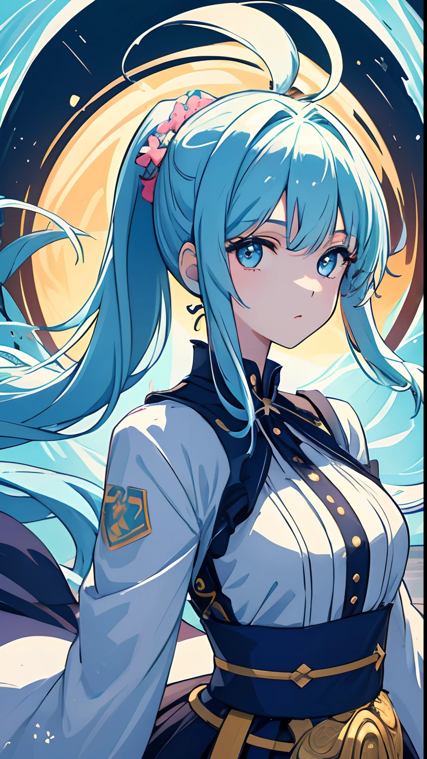 (masterpiece), (best quality), (ultra detailed),(disheveled hair),(illustration), (1girl), (Fashionable clothing), standing, Fashion model, looking at viewer, (interview), (simple background),beautiful detailed eyes, delicate beautiful face, Floating,(high saturation),(colorful splashes),colorful bubble,(shining), focus on face,  ponytail, kamisato ayaka, light blue hair, bangs, hair ring, floating flowers, floating hairs, (shining), best lighting, best shadow,