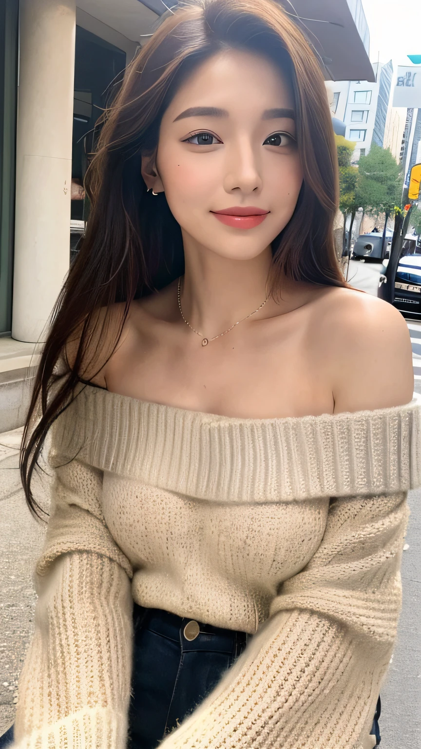 ((Highest quality, In 8K, masterpiece, Sharp focus、:1.3)), Beautiful Japanese Women, Perfect body:1.4, Slim Abs:1.2, ((Medium Hair, Straight Hair:1.2)), (Off-the-shoulder summer sweater:1.1), (Street:1.2), Wet body:1.5, Three-dimensional texture, Detailed eyes, Brown Hair, Very small waist, Backward view