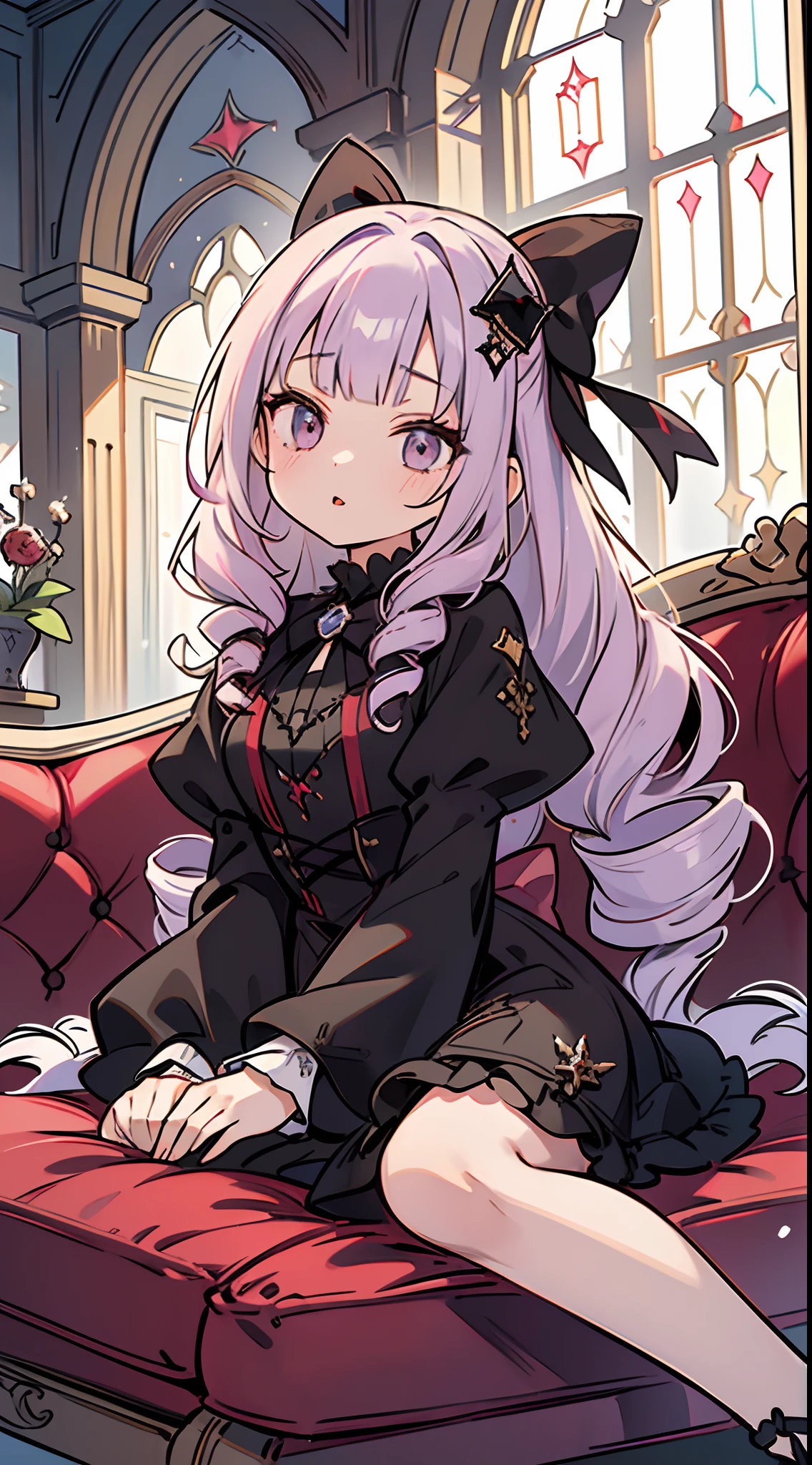 Best Quality, masutepiece, 1 girl, my, (slender:1.3), medium breasts, (Lilac hair:1.3), Long hair, Wavy Hair, (Drill Hair), (Blunt bangs:1.3), Looking at Viewer, Bow, (Medieval fantasy:1.3), Sense of depth, (Hair Bow:1.3), (Red Goss Rowley:1.3), Horizontal view, (Sit on a Gothic sofa:1.3), (Black sofa:1.2), Front Angle, (black and white window:1.3), (black interior:1.2), (Black lips:1.3), [[[[multiple arms]]]], [[[Tangled legs]]]