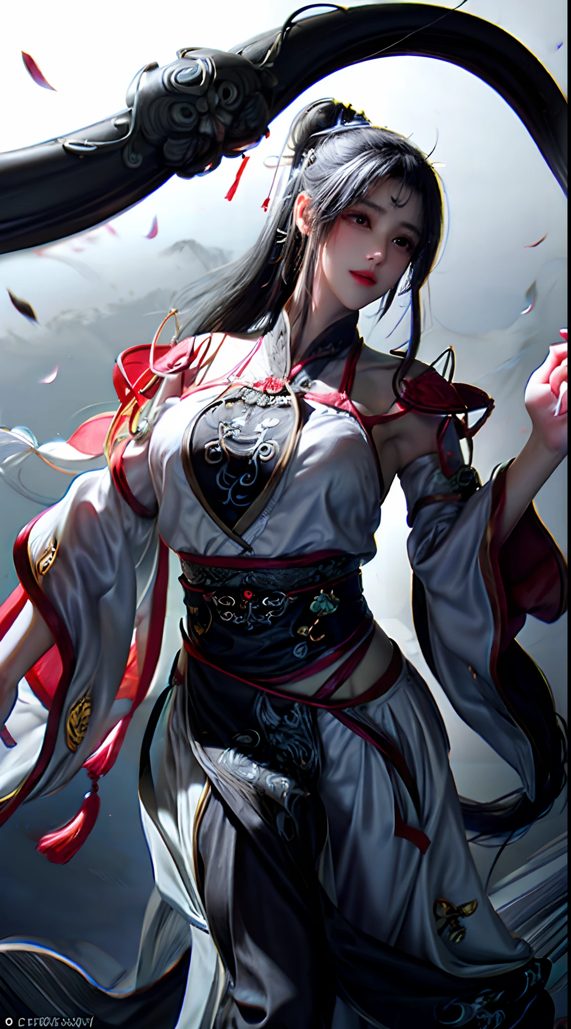 (Best quality,4K,A high resolution,Masterpiece:1.2),Ultra-detailed,Realistic, Black and white Hanfu,Black embroidery, Flowing white ponytail, Long flowing hair, White mask, The mask flutters in the wind, Fringed Hair Ornament, Peony flower, Ancient style, Wide sleeves, Dynamic pose, Dramatic composition, falling flower petals, red waistband, the complex background, Ancient architecture, Misty clouds, Fairy tale background, Swirling clouds, Cinematic lighting.