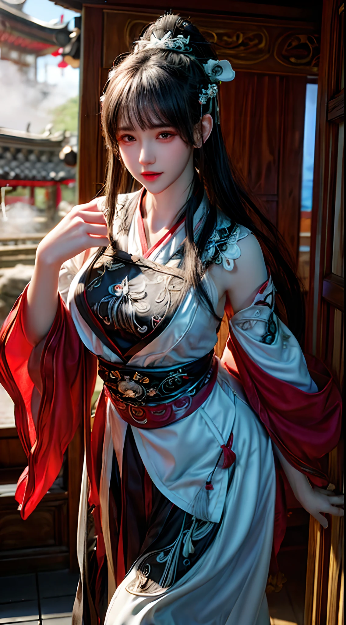 (Best quality,4K,A high resolution,Masterpiece:1.2),Ultra-detailed,Realistic, Black and white Hanfu,Black embroidery, Flowing white ponytail, Long flowing hair, White mask, The mask flutters in the wind, Fringed Hair Ornament, Peony flower, Ancient style, Wide sleeves, Dynamic pose, Dramatic composition, falling flower petals, red waistband, the complex background, Ancient architecture, Misty clouds, Fairy tale background, Swirling clouds, Cinematic lighting.