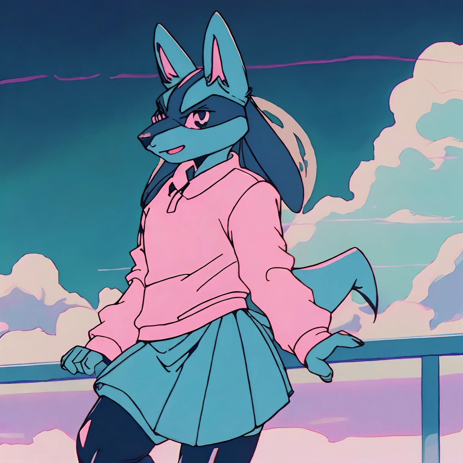 Mute pastel colors, Smooth photos, Retro soul, 1990s animation, 1980s animation, Retro soul, Retro anime style, Masterpiece, Best Quality, Lucario, Dark Sushi 2.5D large sushi 2.5D, furry, solo, Lucario Pokémon, skirt, thigh high socks, cute sweater, Retro Lucario fanart, 1990s anime, retro animation