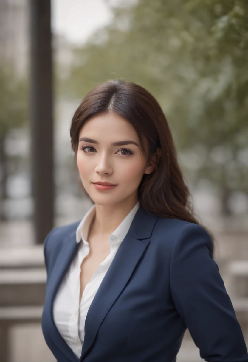 Professional image of a 25-year-old working woman, Wear a navy blue business casual suit and hip wrap skirt, Professional profile photo, posing with crossed arms, professional picture, professional profile picture, photograph of a woman, Business woman, lecturer, Black hair, Slim body, 8K high-definition