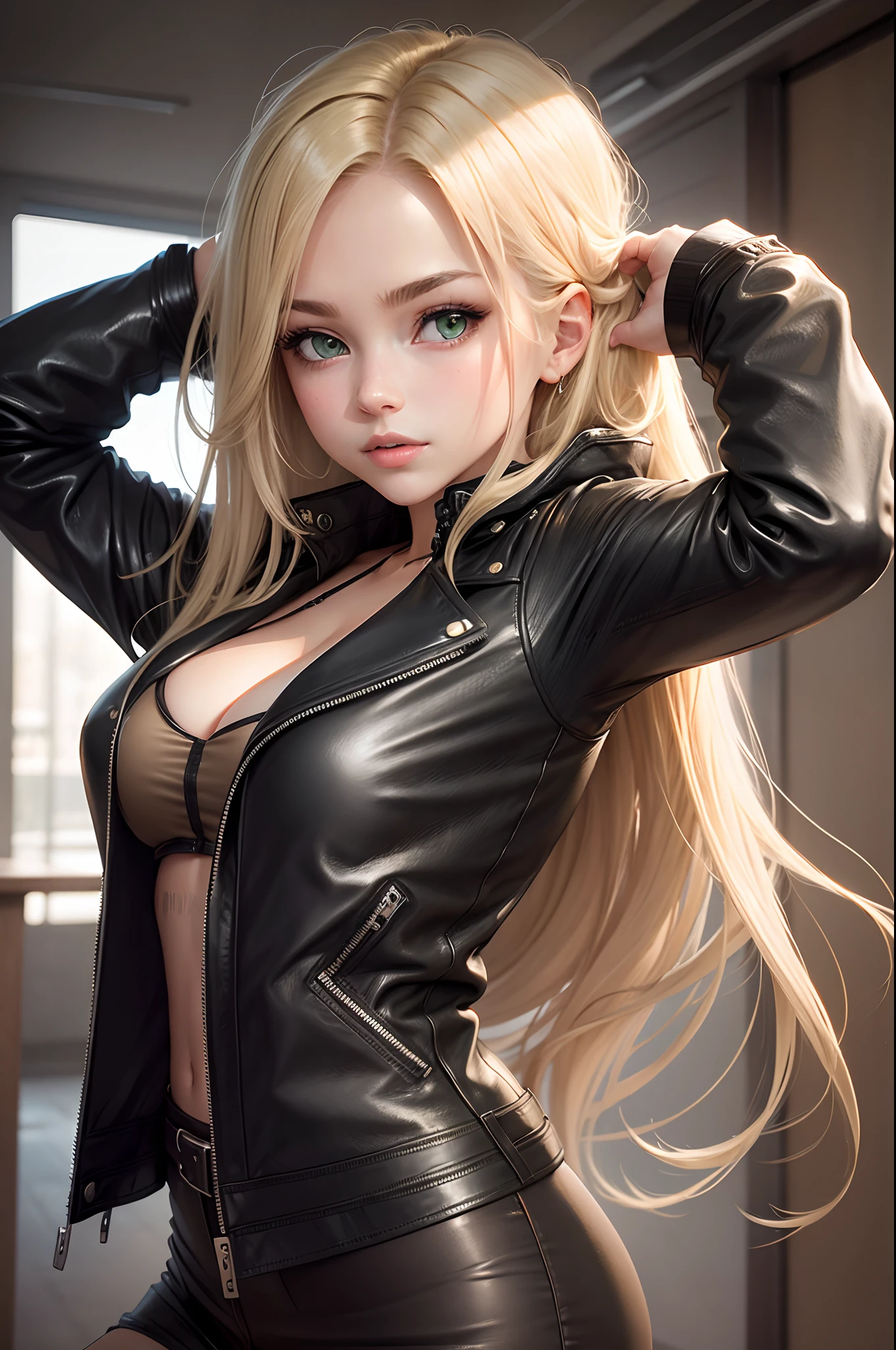 1girl, solo, face, portrait, long hair, straight hair, blonde hair, green eyes, large breasts, (black leather jacket:1.2) , cleavage,  school, blushing, looking at the viewer,