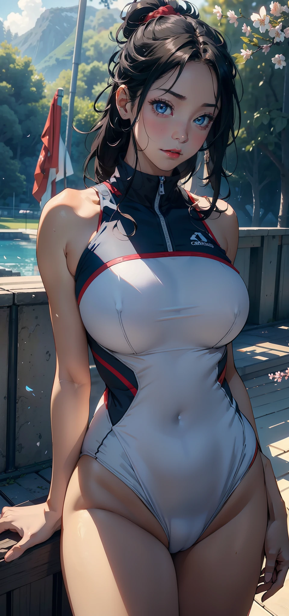 1female,35yo,A MILF,plumw,extremely large bosom, 独奏,(Background with:Cherry blossom forest,Lake,Spectacular views,stadio)Deep in the forest, She has very short black hair,bobo head,Station,,seen from the front, hair straight, mostly cloudy sky,(((tmasterpiece),(Very detailed CG unity 8K wallpaper),best qualtiy,cinmatic lighting,detailed back ground,beatiful detailed eyes,Bright pupils,Blue eyes,(Very fine and beautiful),(Beautiful and detailed eye description),ultra - detailed,tmasterpiece,))Redlip,facing at camera,A high resolution,ultra - detailed),Camel toes,Flushed complexion,Desire for dissatisfaction,frontage,SakuraNS ,track and field athlete,(Wearing:,Bare genitalia,Bare breasts,Bare)